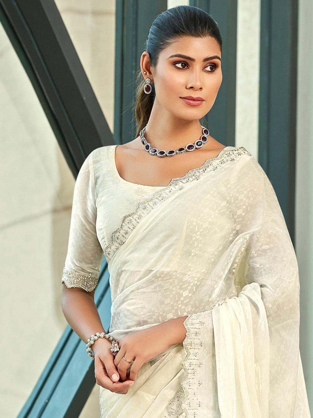 Jyoti Fashion Women's Cream Silk Blend Embellished Border with Beads & Crystal Cutwork Saree with Blouse