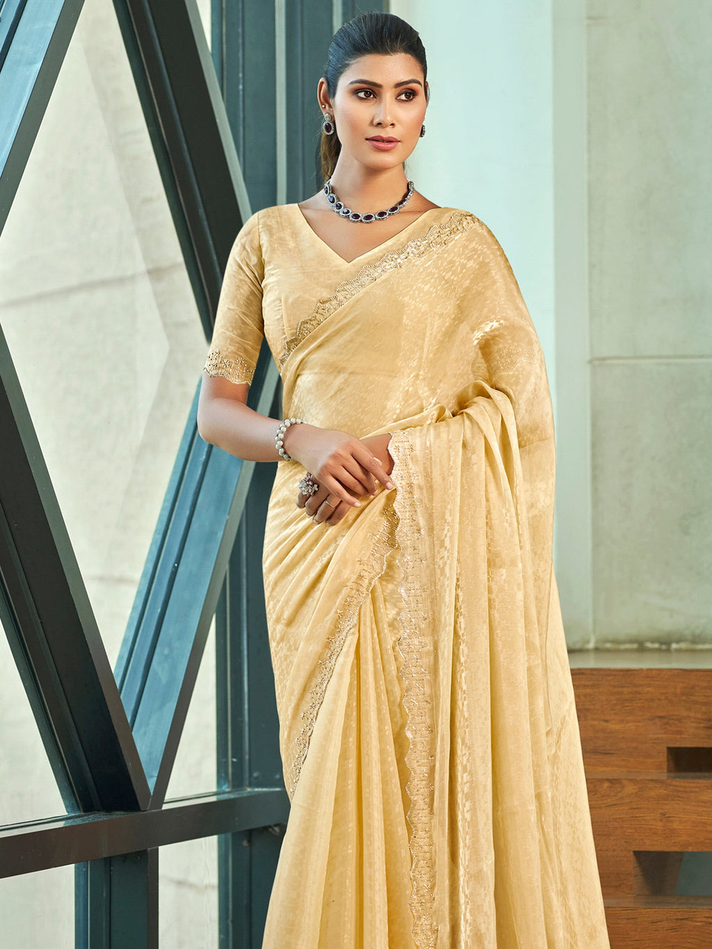 Jyoti Fashion Women's Ivory Silk Blend Embellished Border with Beads & Crystal Cutwork Saree with Blouse