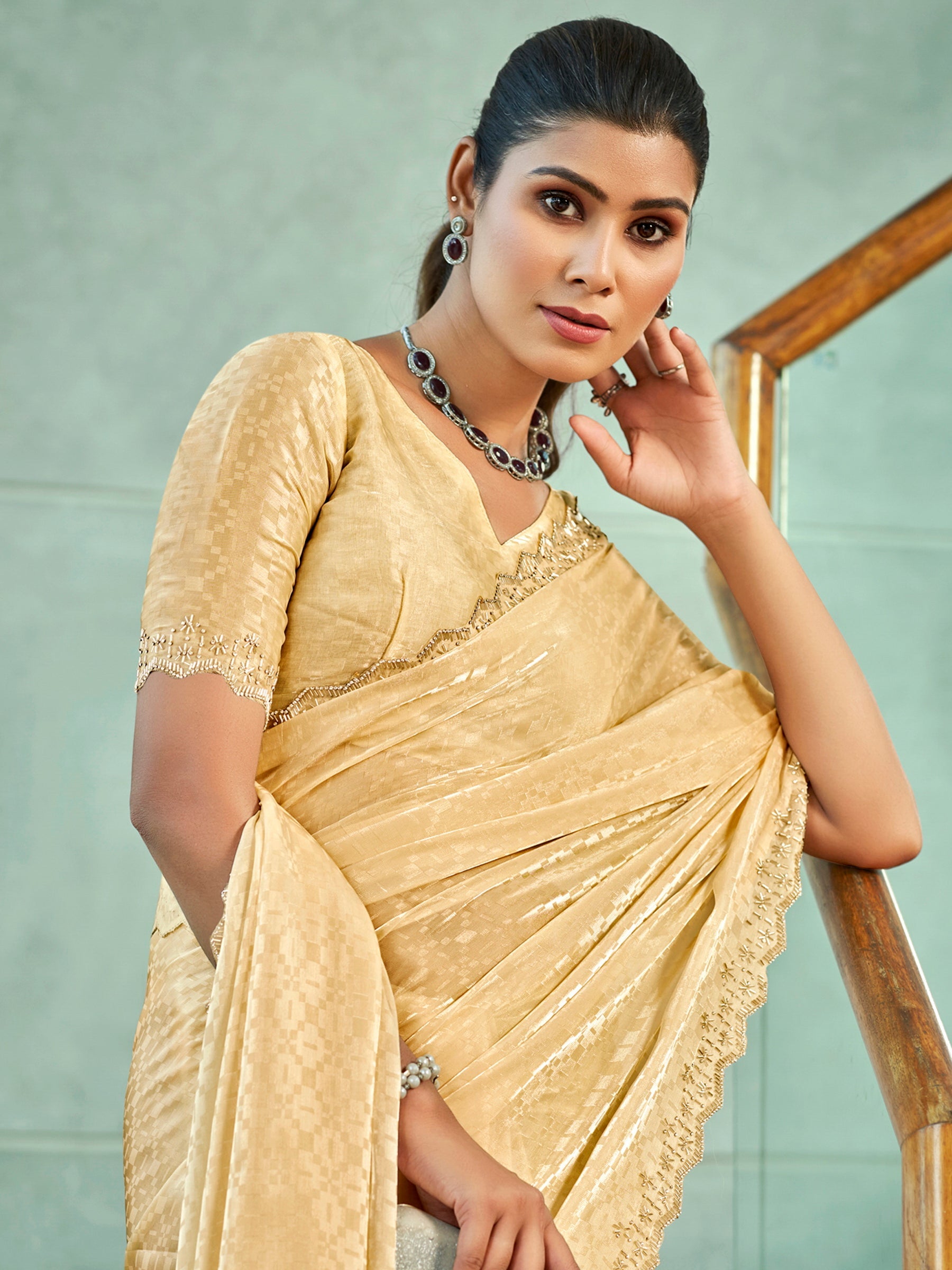 Jyoti Fashion Women's Ivory Silk Blend Embellished Border with Beads & Crystal Cutwork Saree with Blouse