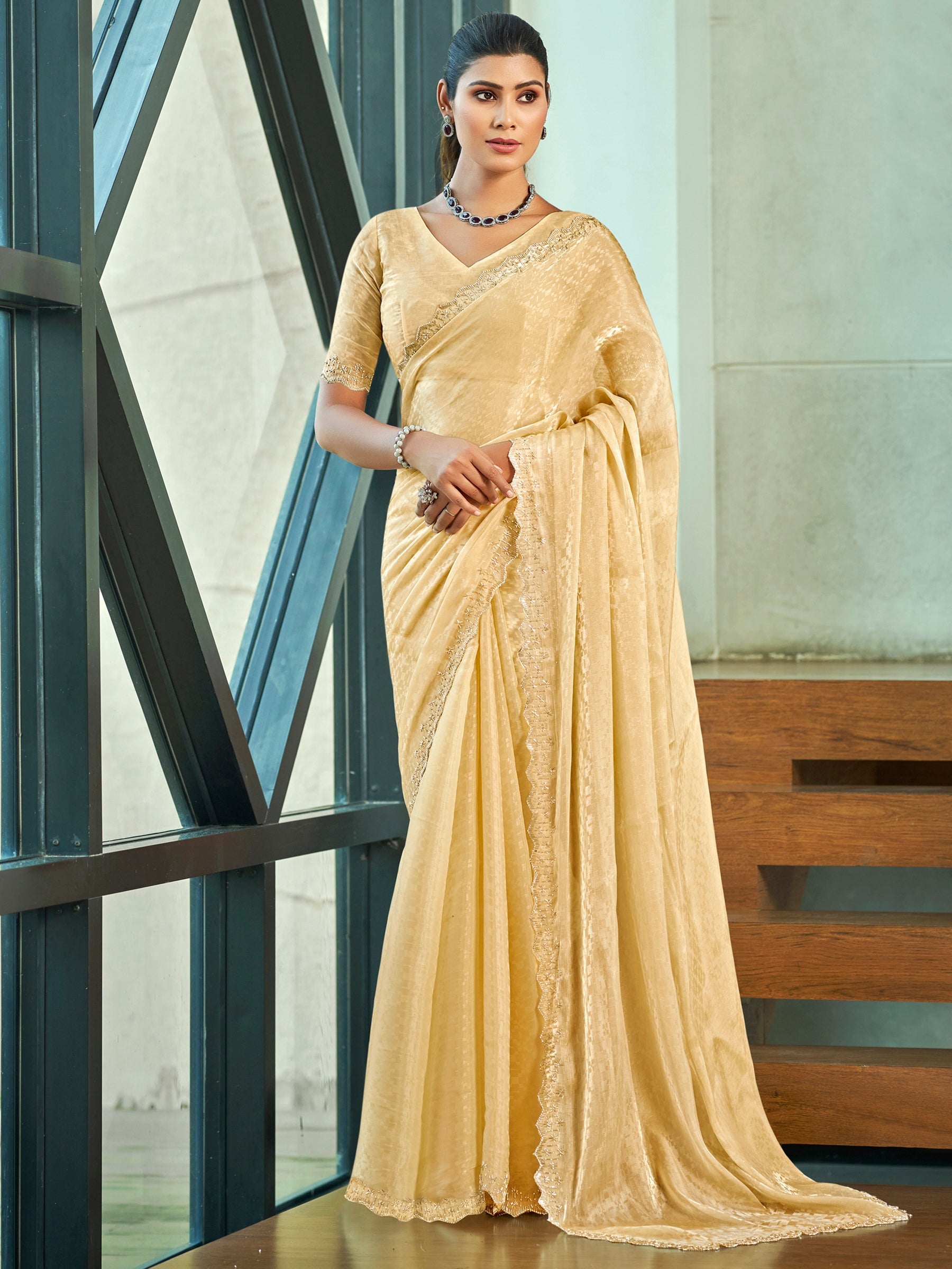 Jyoti Fashion Women's Ivory Silk Blend Embellished Border with Beads & Crystal Cutwork Saree with Blouse