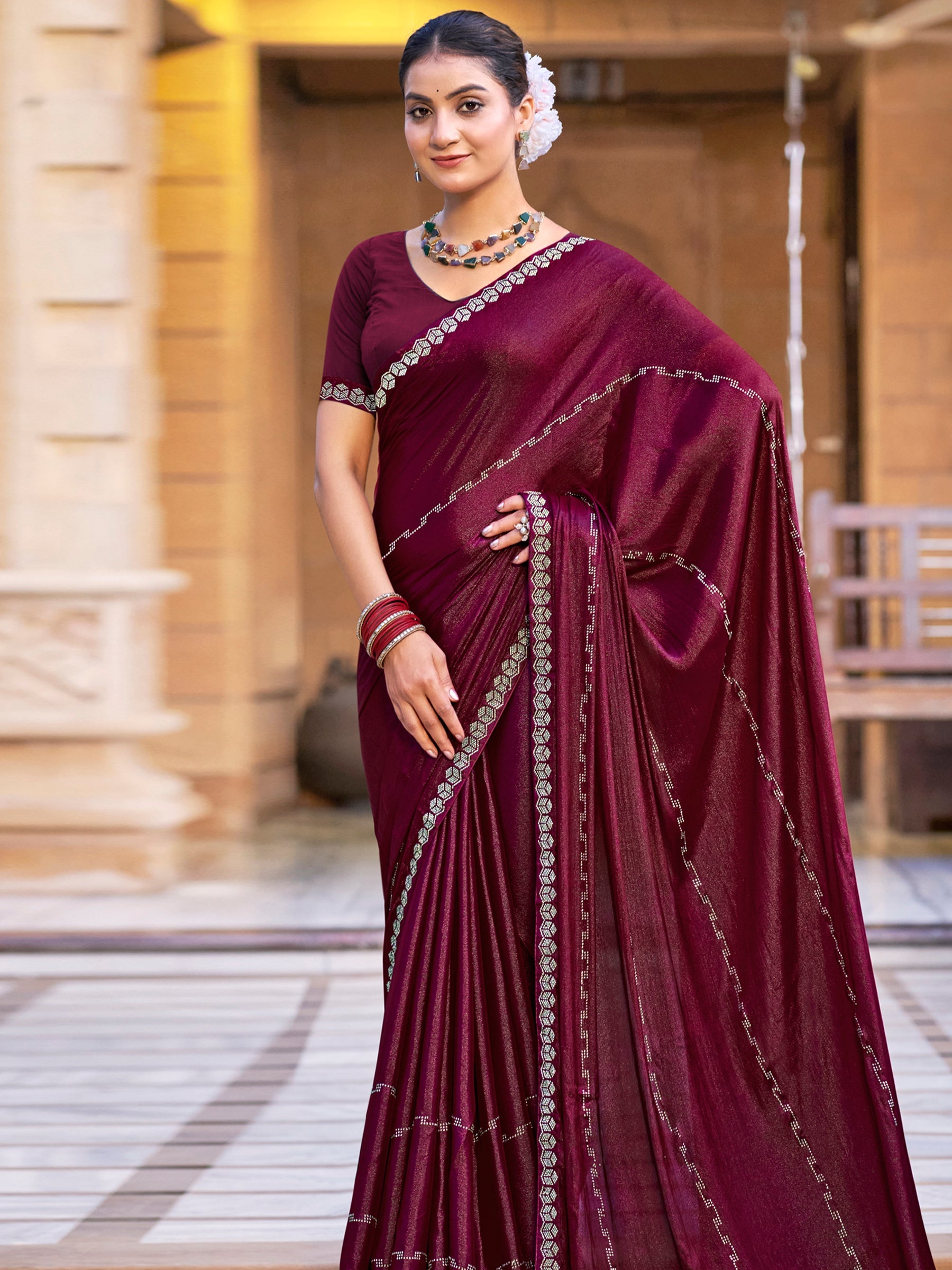 Jyoti Fashion Women's Maroon Shimmer Chiffon Embellished Border with Crystal Lines Saree with Blouse
