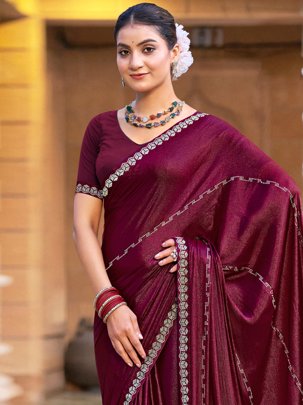 Jyoti Fashion Women's Maroon Shimmer Chiffon Embellished Border with Crystal Lines Saree with Blouse