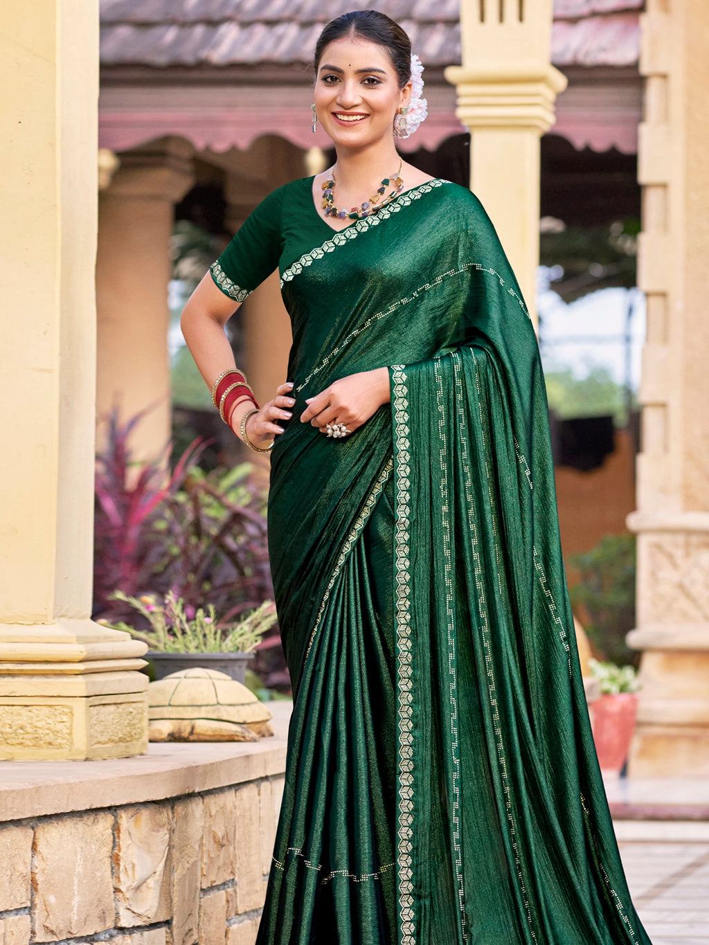 Jyoti Fashion Women's Green Shimmer Chiffon Embellished Border with Crystal Lines Saree with Blouse