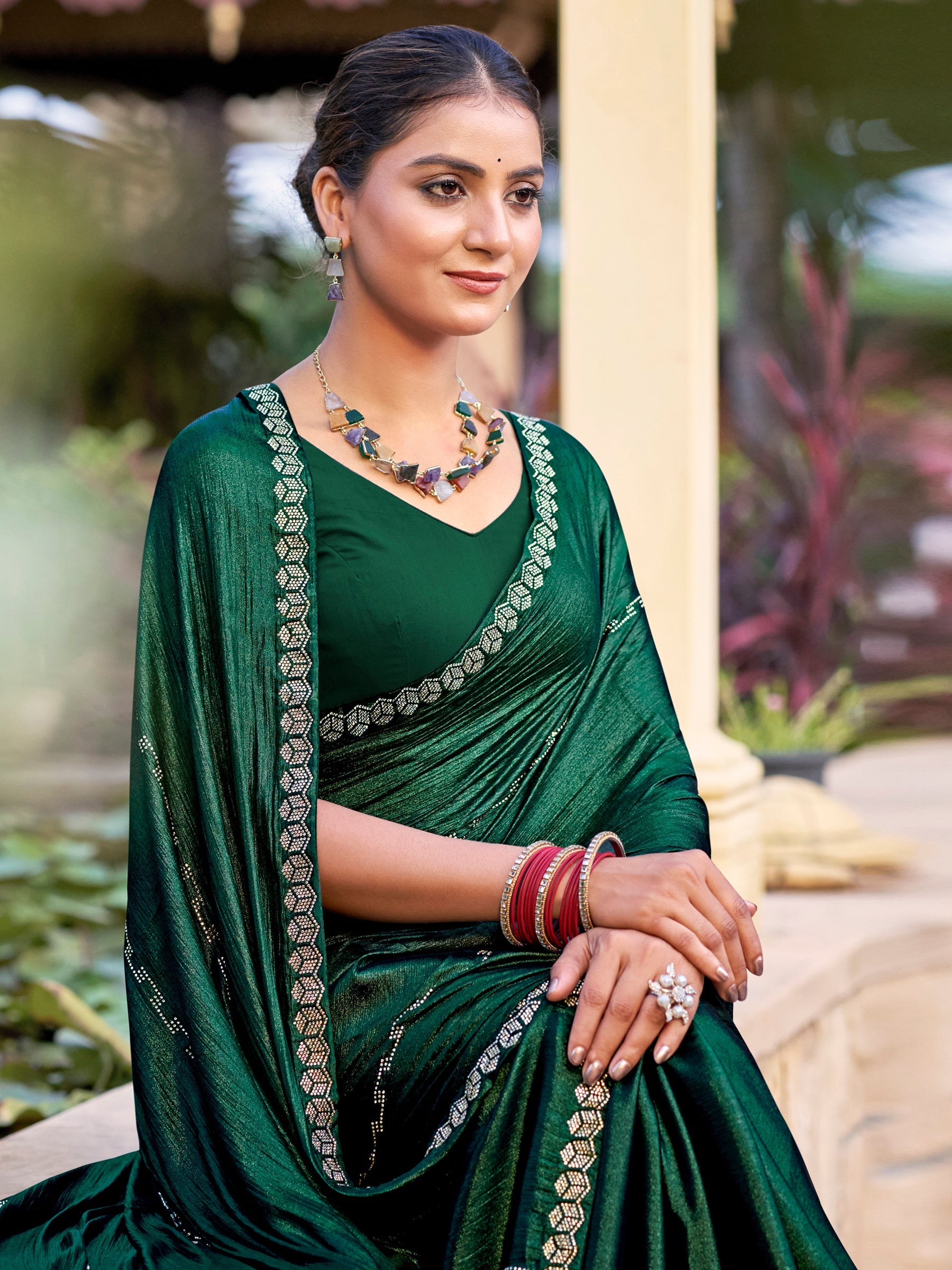 Jyoti Fashion Women's Green Shimmer Chiffon Embellished Border with Crystal Lines Saree with Blouse