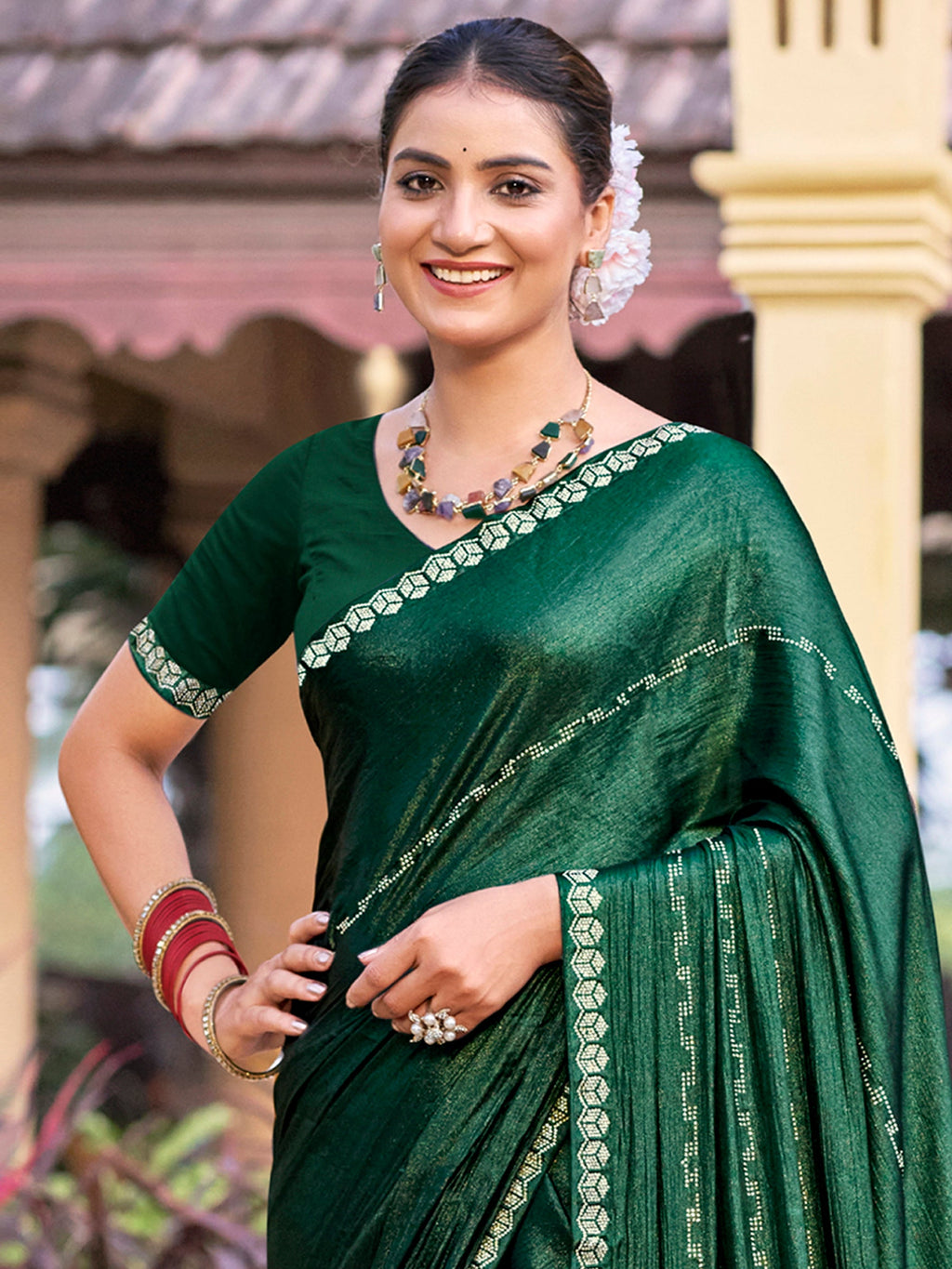 Jyoti Fashion Women's Green Shimmer Chiffon Embellished Border with Crystal Lines Saree with Blouse