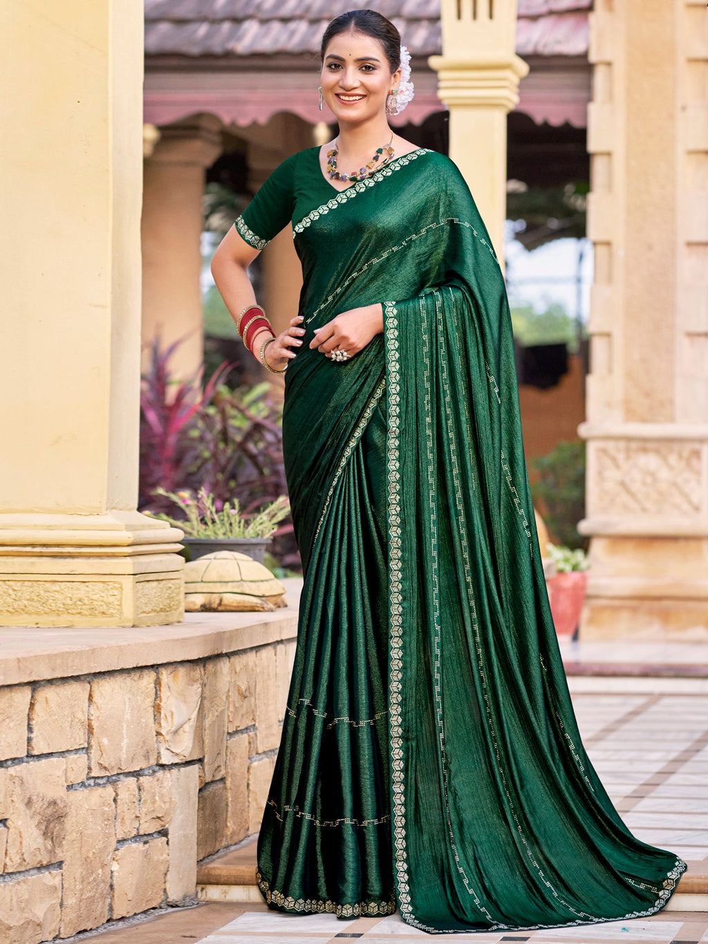 Jyoti Fashion Women's Green Shimmer Chiffon Embellished Border with Crystal Lines Saree with Blouse