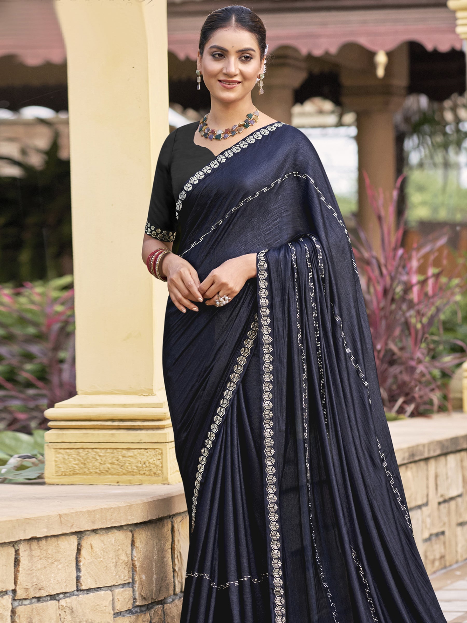 Jyoti Fashion Women's Mid Night Blue Shimmer Chiffon Embellished Border with Crystal Lines Saree with Blouse