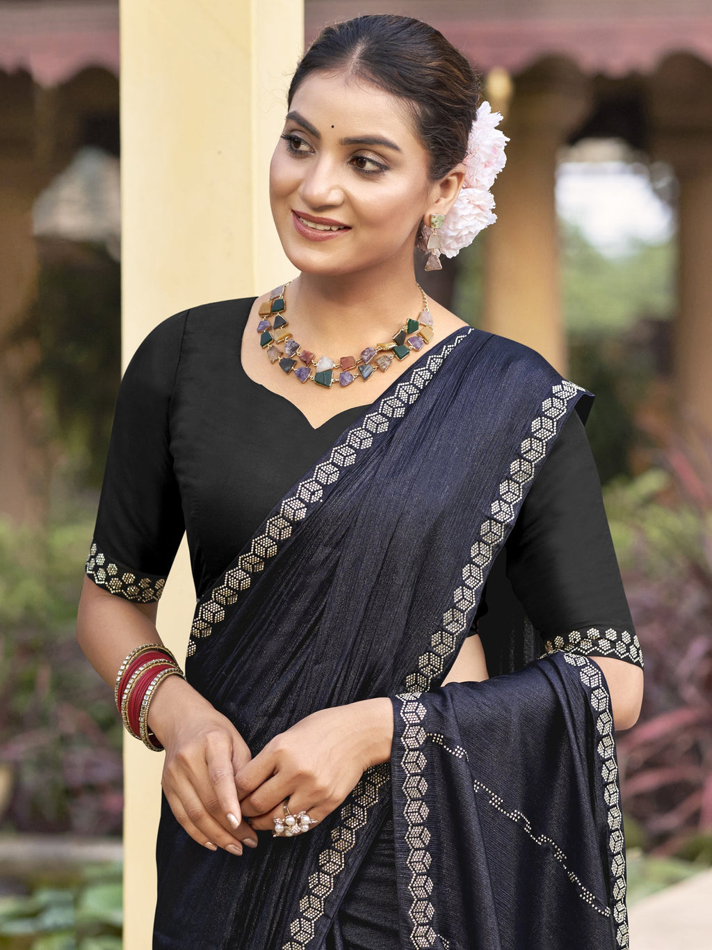 Jyoti Fashion Women's Mid Night Blue Shimmer Chiffon Embellished Border with Crystal Lines Saree with Blouse