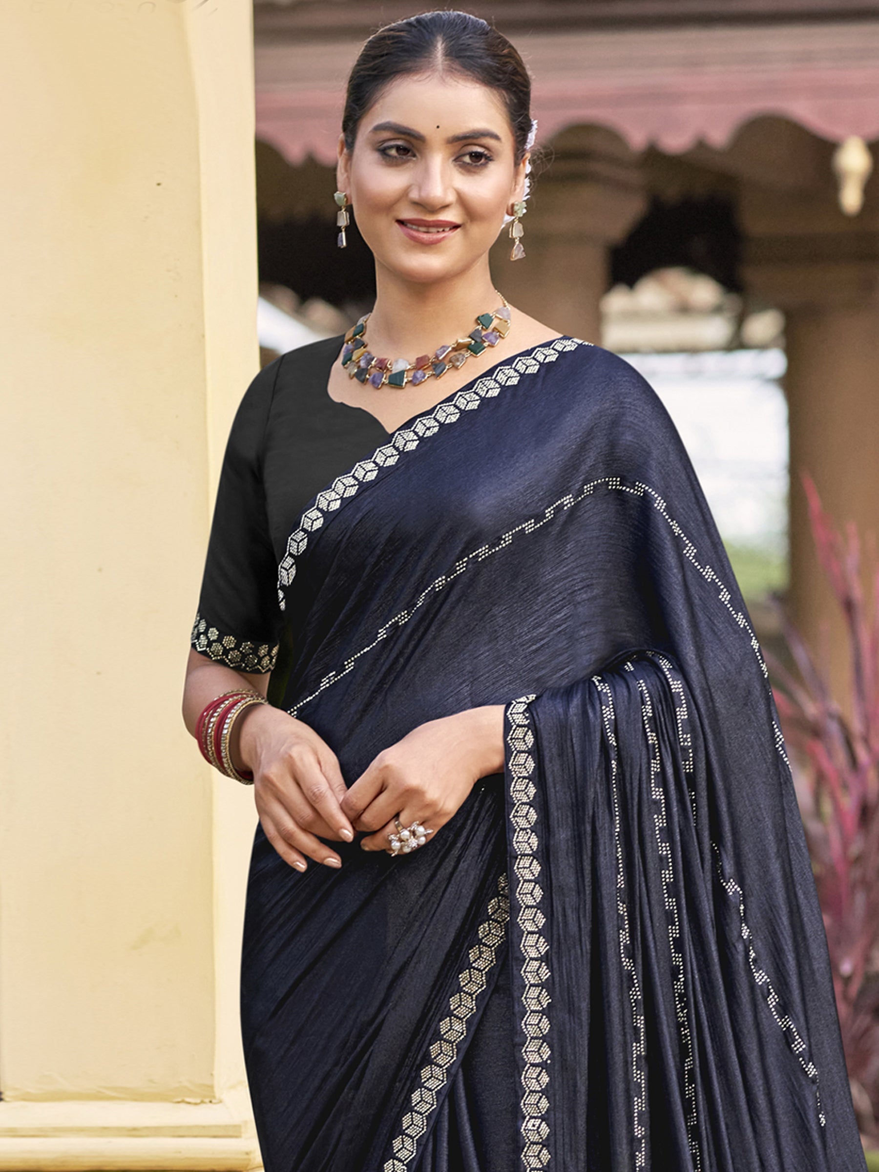 Jyoti Fashion Women's Mid Night Blue Shimmer Chiffon Embellished Border with Crystal Lines Saree with Blouse