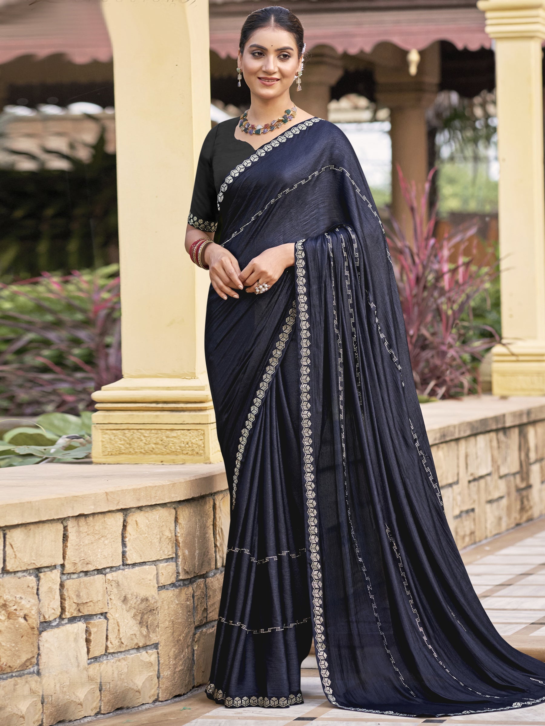 Jyoti Fashion Women's Mid Night Blue Shimmer Chiffon Embellished Border with Crystal Lines Saree with Blouse