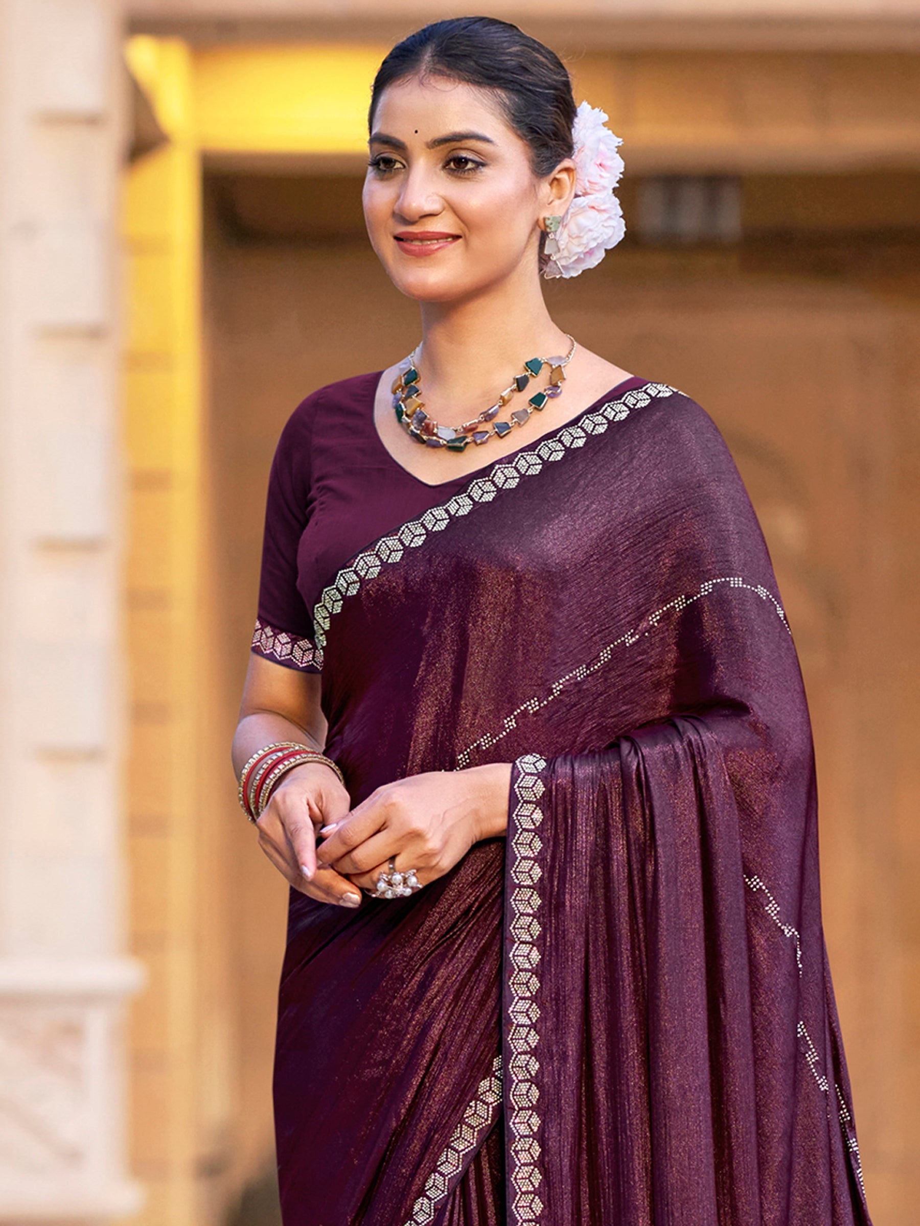 Jyoti Fashion Women's Wine Shimmer Chiffon Embellished Border with Crystal Lines Saree with Blouse