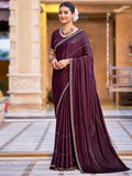Jyoti Fashion Women's Wine Shimmer Chiffon Embellished Border with Crystal Lines Saree with Blouse