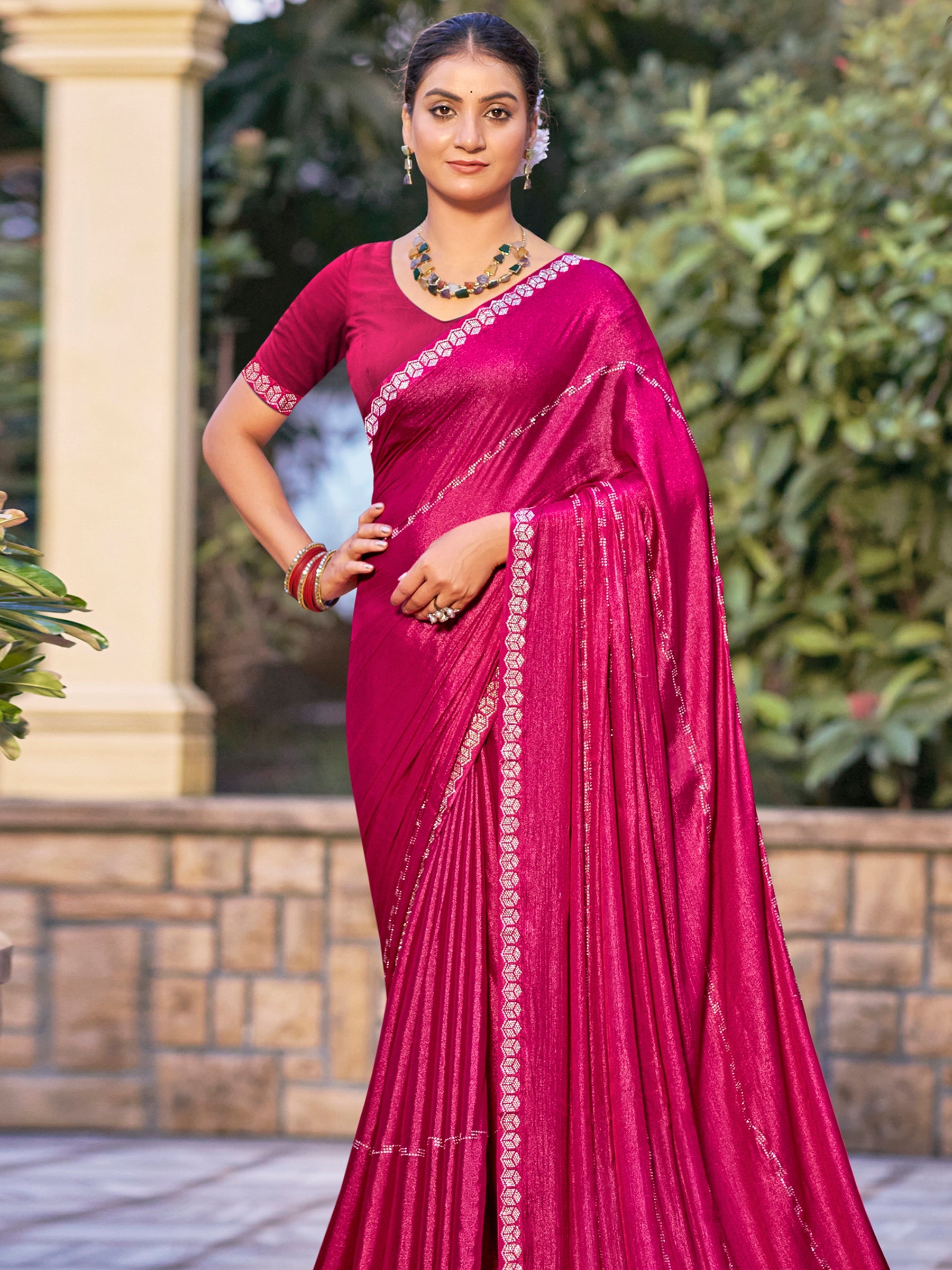 Jyoti Fashion Women's Magenta Shimmer Chiffon Embellished Border with Crystal Lines Saree with Blouse