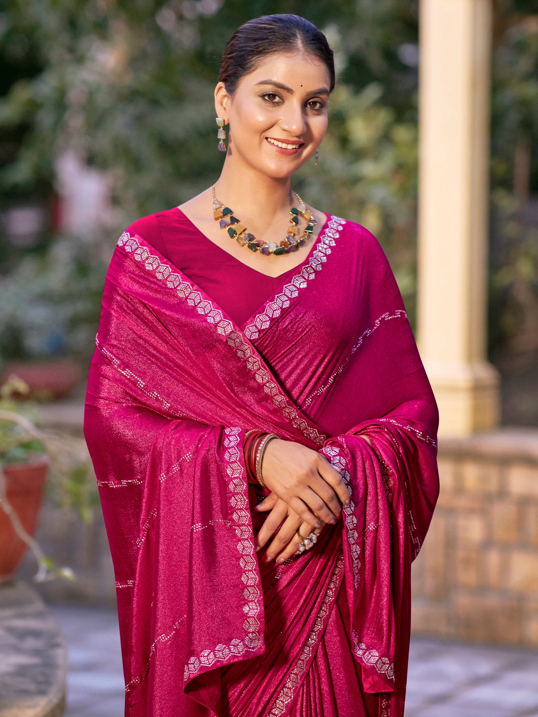 Jyoti Fashion Women's Magenta Shimmer Chiffon Embellished Border with Crystal Lines Saree with Blouse