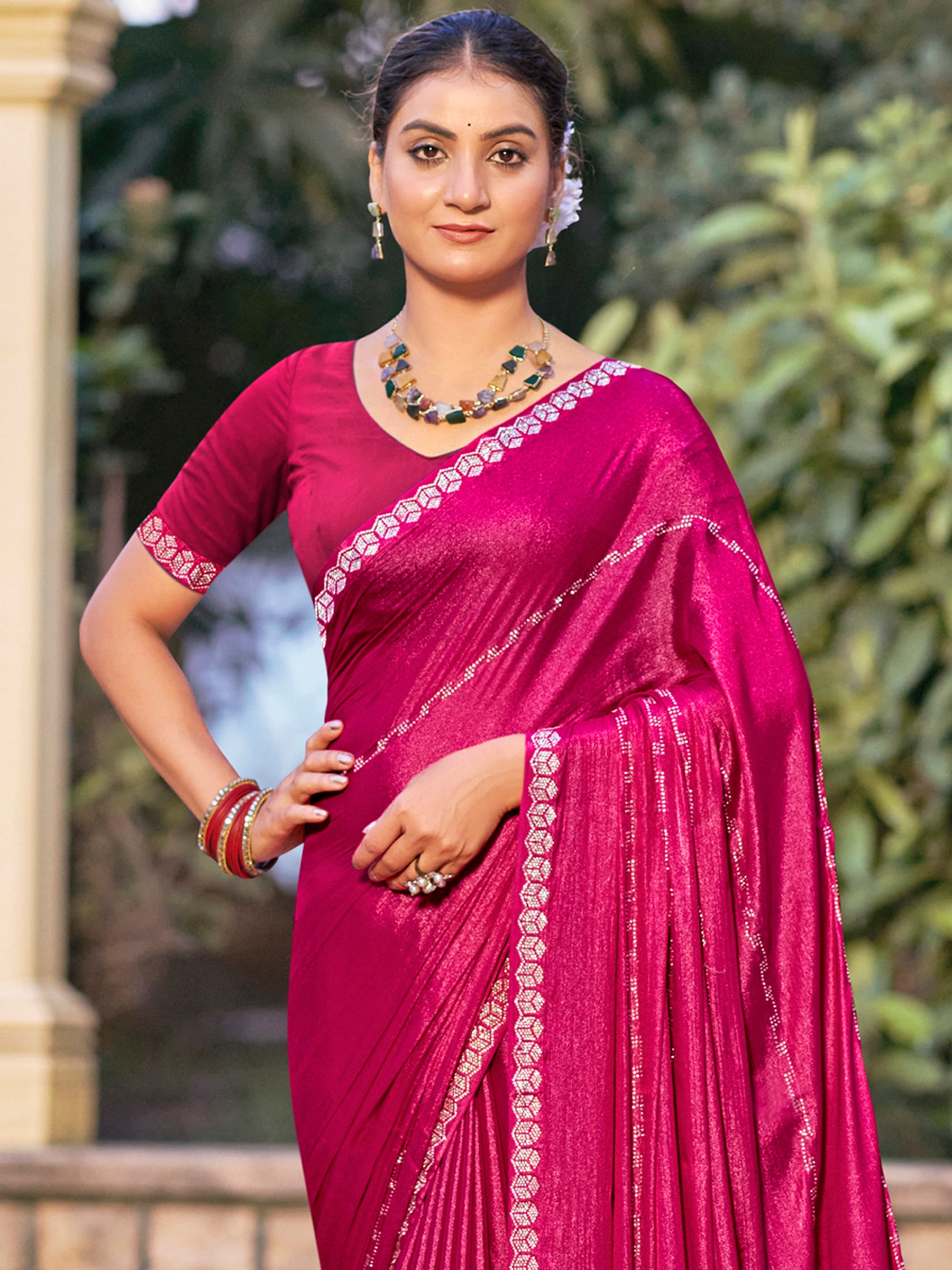 Jyoti Fashion Women's Magenta Shimmer Chiffon Embellished Border with Crystal Lines Saree with Blouse