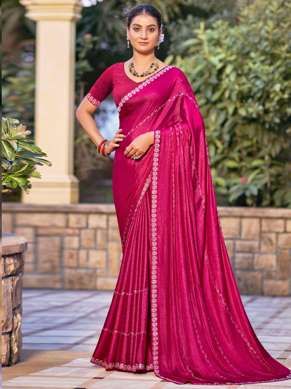 Jyoti Fashion Women's Magenta Shimmer Chiffon Embellished Border with Crystal Lines Saree with Blouse