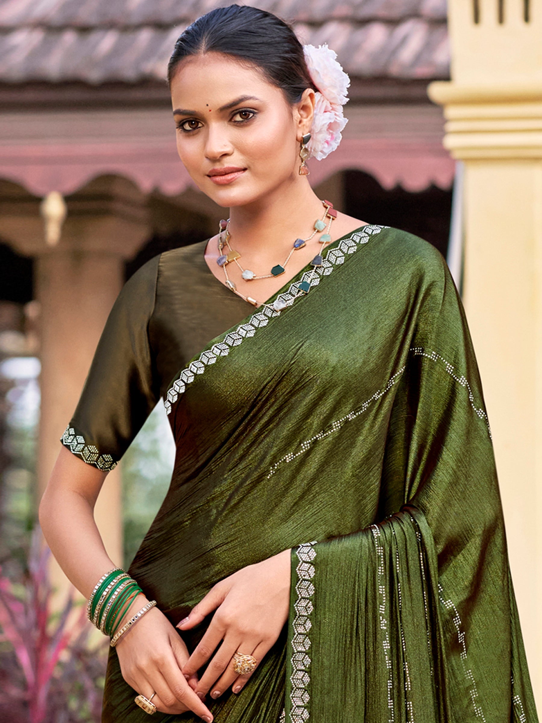 Jyoti Fashion Women's Olive Shimmer Chiffon Embellished Border with Crystal Lines Saree with Blouse