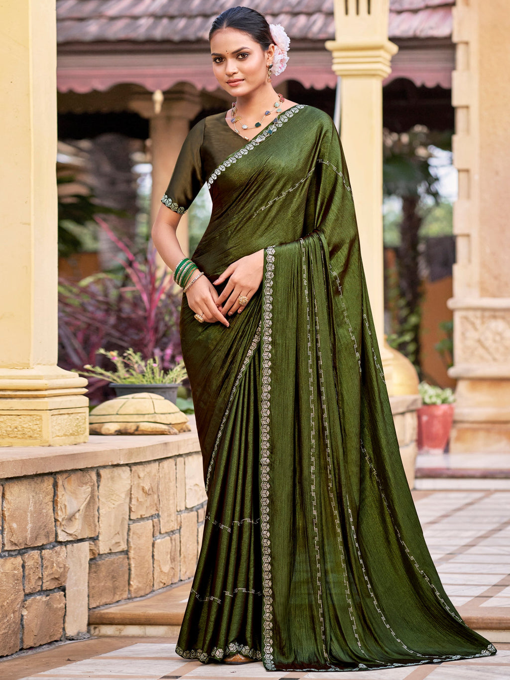 Jyoti Fashion Women's Olive Shimmer Chiffon Embellished Border with Crystal Lines Saree with Blouse