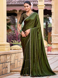 Jyoti Fashion Women's Olive Shimmer Chiffon Embellished Border with Crystal Lines Saree with Blouse