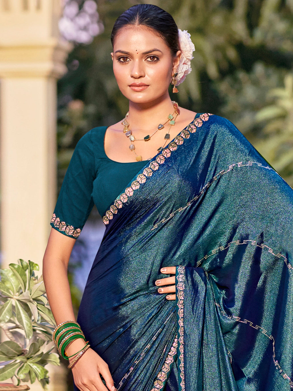 Jyoti Fashion Women's Teal Shimmer Chiffon Embellished Border with Crystal Lines Saree with Blouse