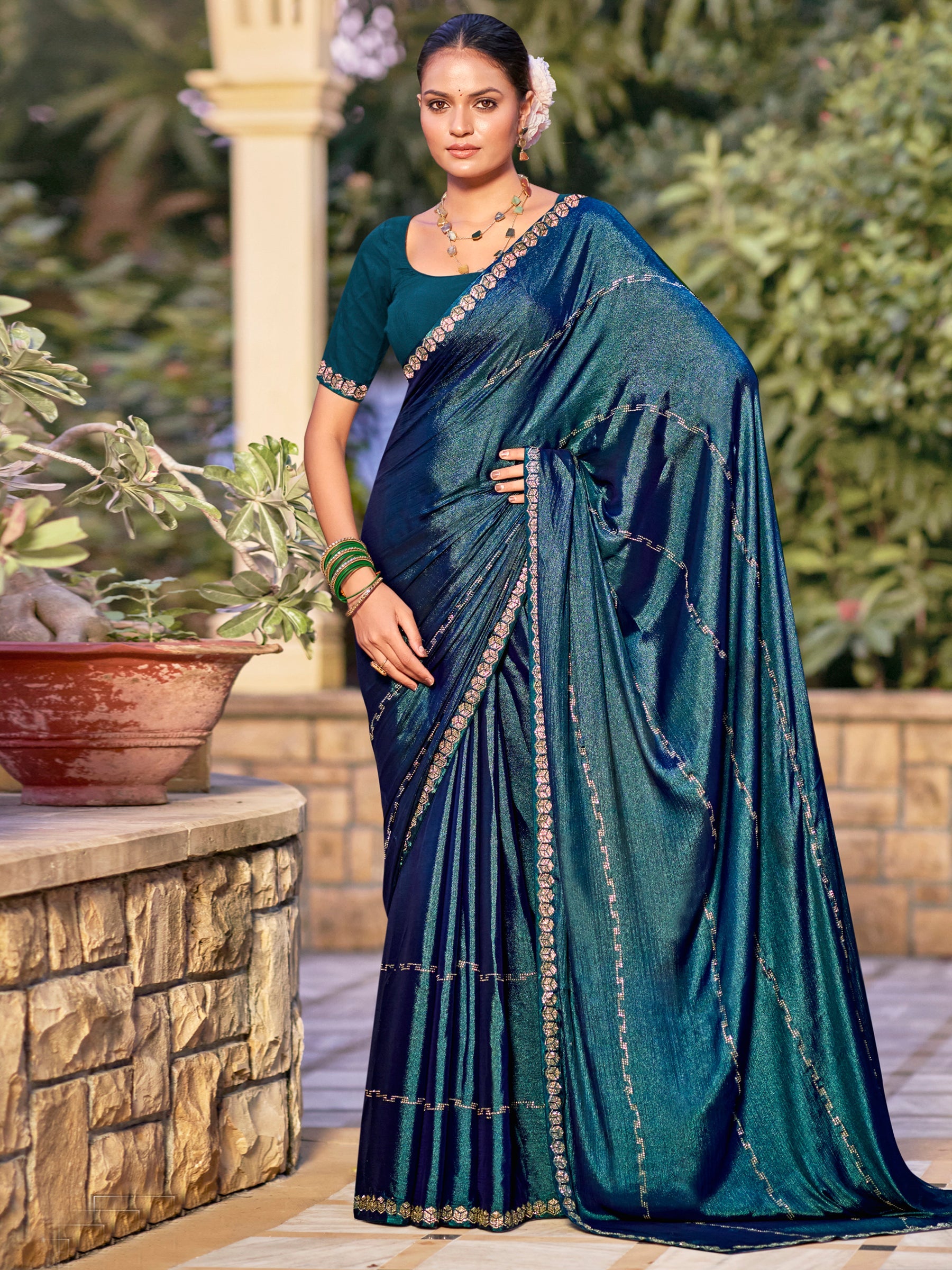Jyoti Fashion Women's Teal Shimmer Chiffon Embellished Border with Crystal Lines Saree with Blouse