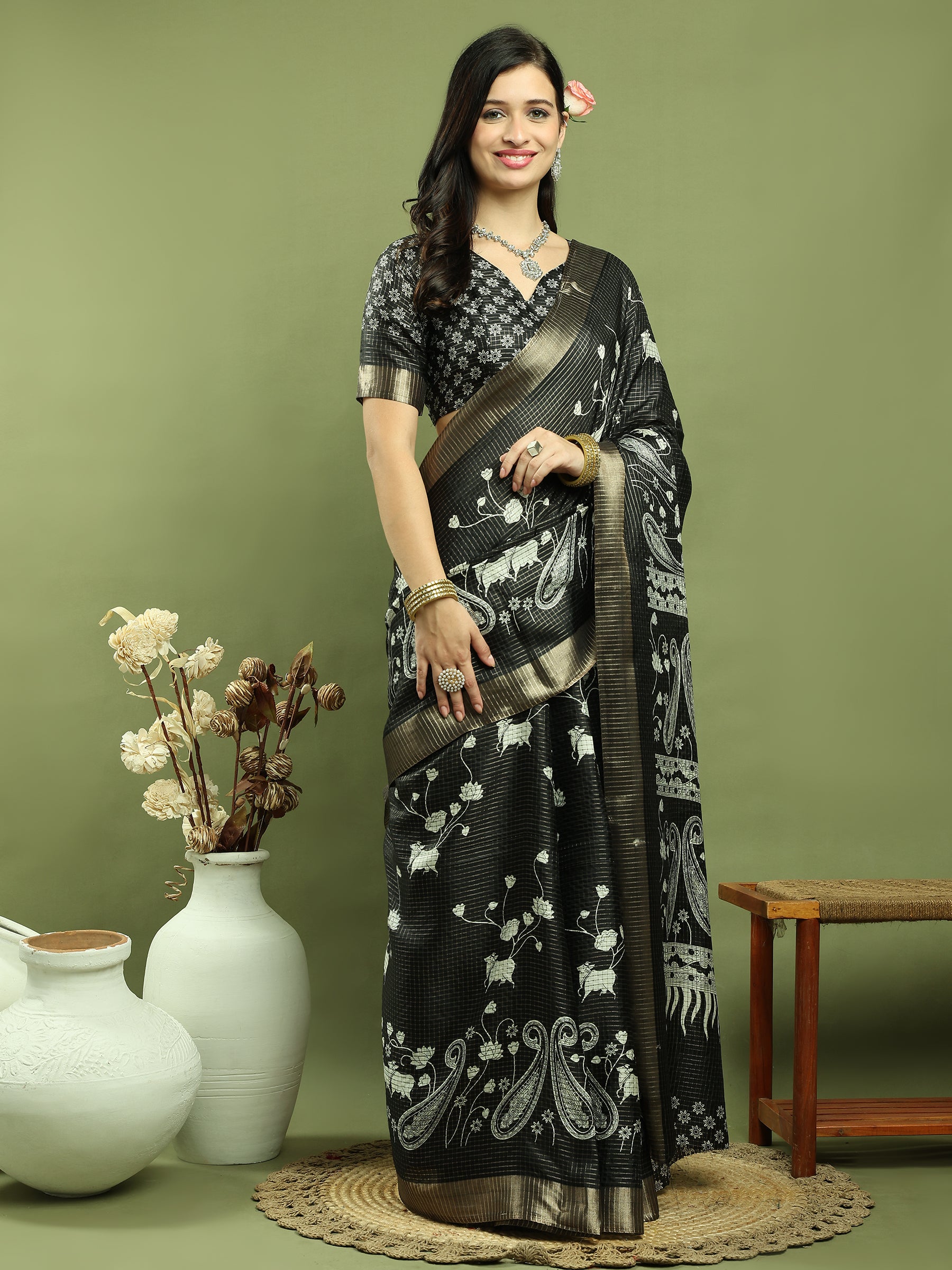 Jyoti Fashion Women's Black Silk Blend Floral Print with Checks Jari Weaving Saree with Blouse