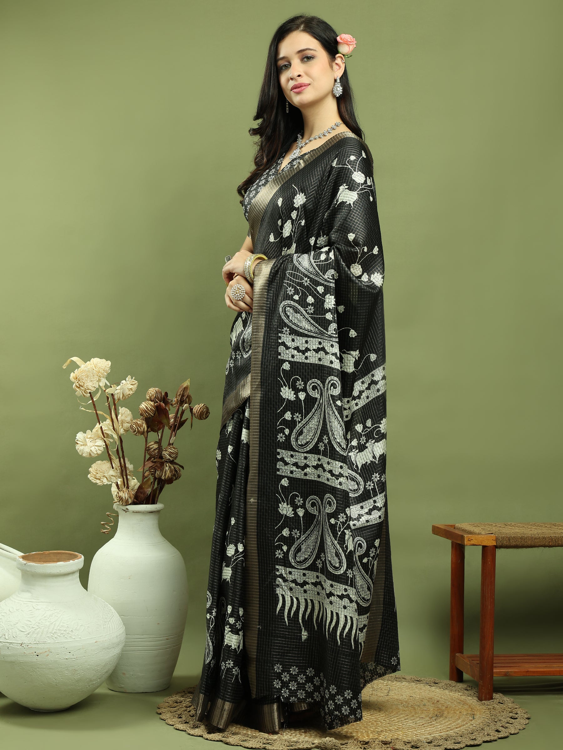 Jyoti Fashion Women's Black Silk Blend Floral Print with Checks Jari Weaving Saree with Blouse
