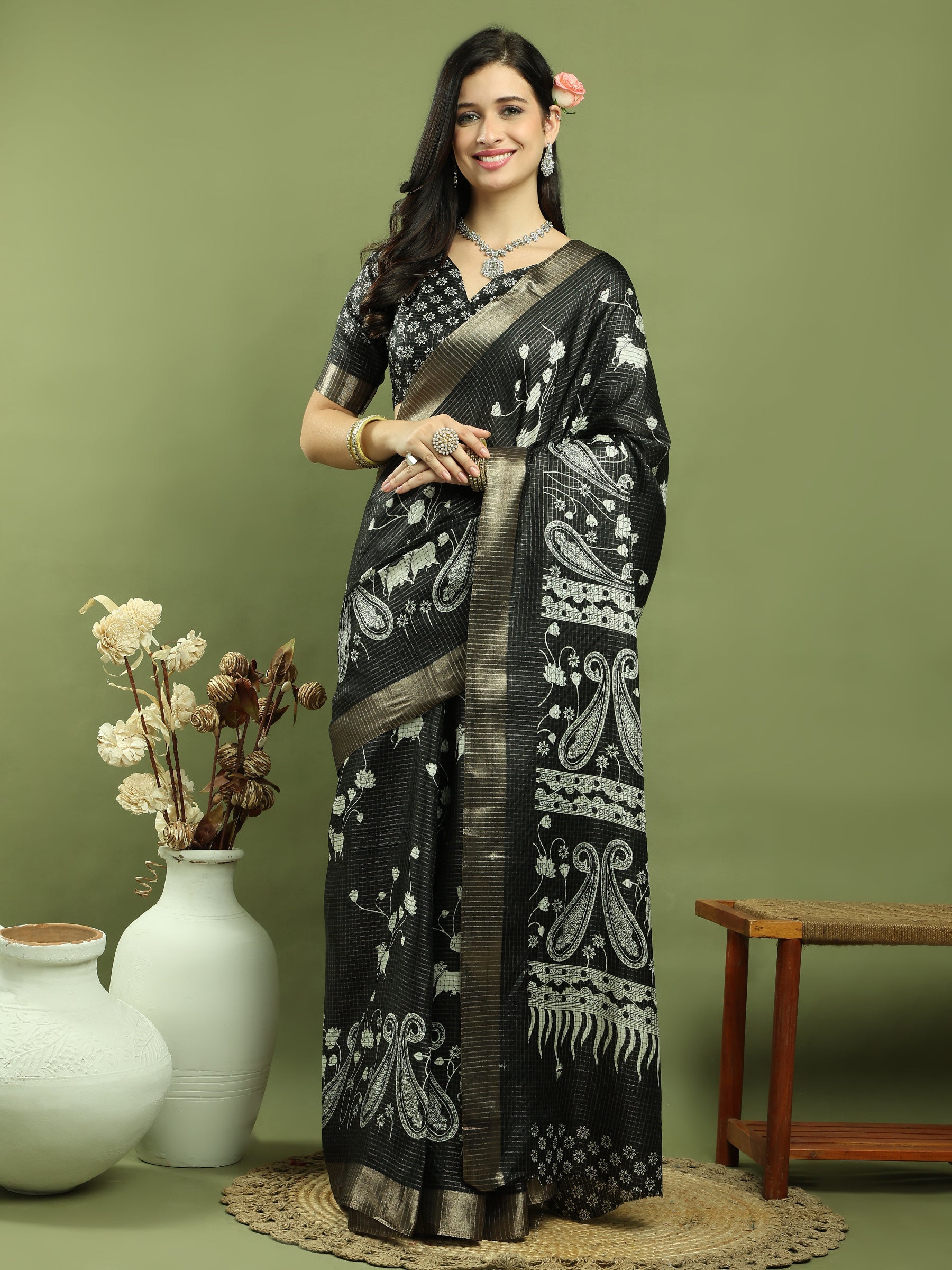 Jyoti Fashion Women's Black Silk Blend Floral Print with Checks Jari Weaving Saree with Blouse