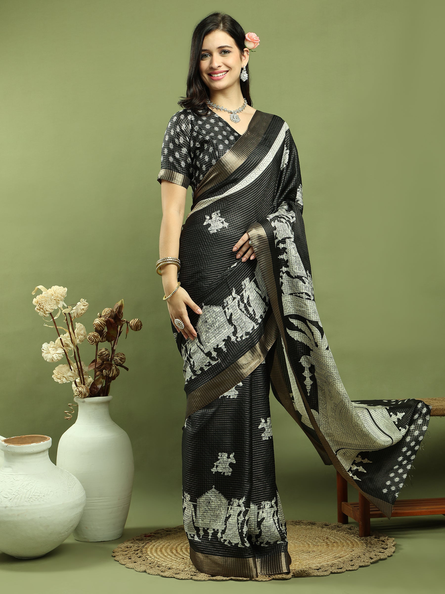 Jyoti Fashion Women's Black Silk Blend Print with Checks Jari Weaving Pattrn Saree with Blouse