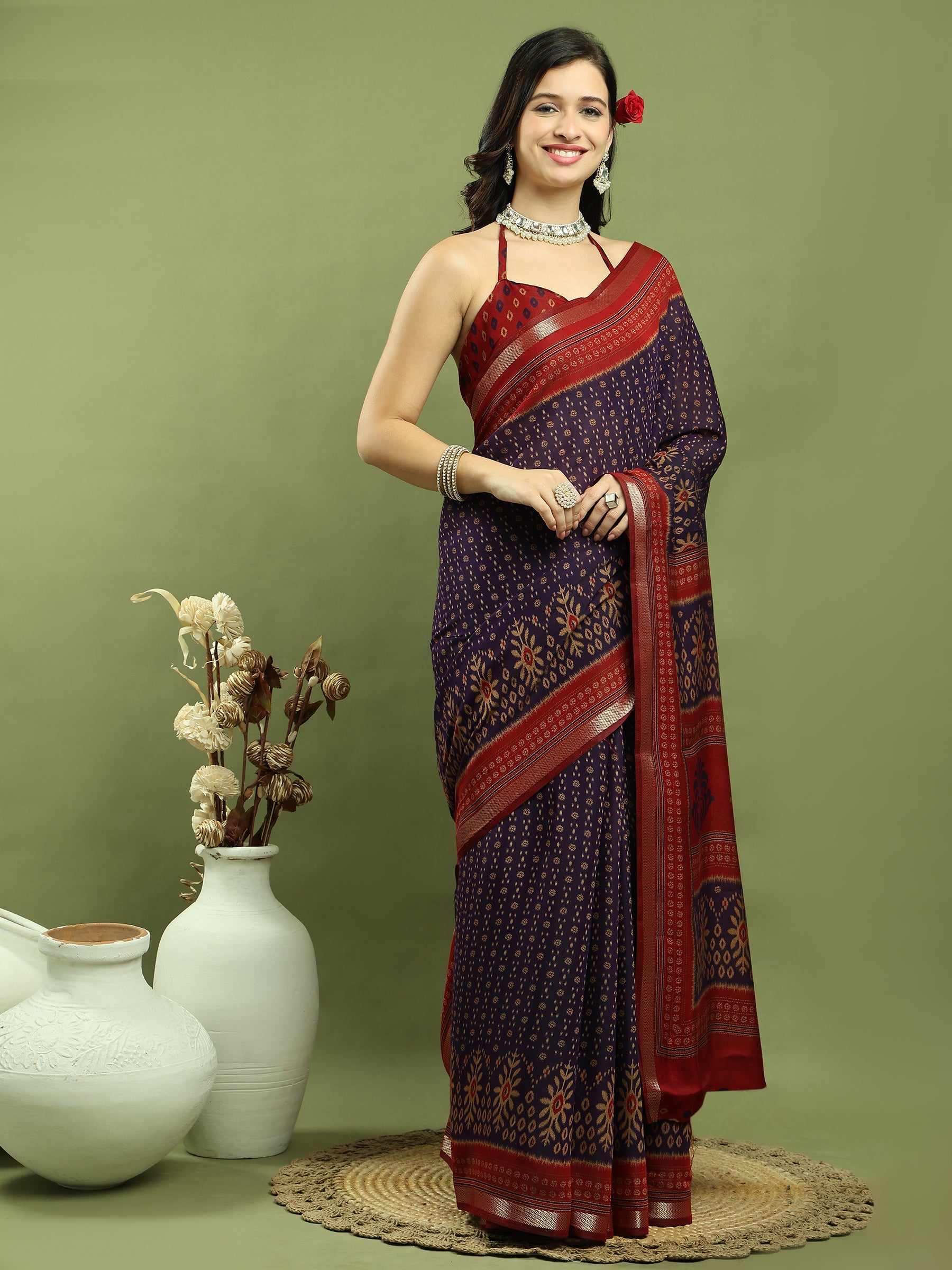 Jyoti Fashion Women's Violet Silk Blend Ikat Floral Print with Jari Border Saree with Blouse