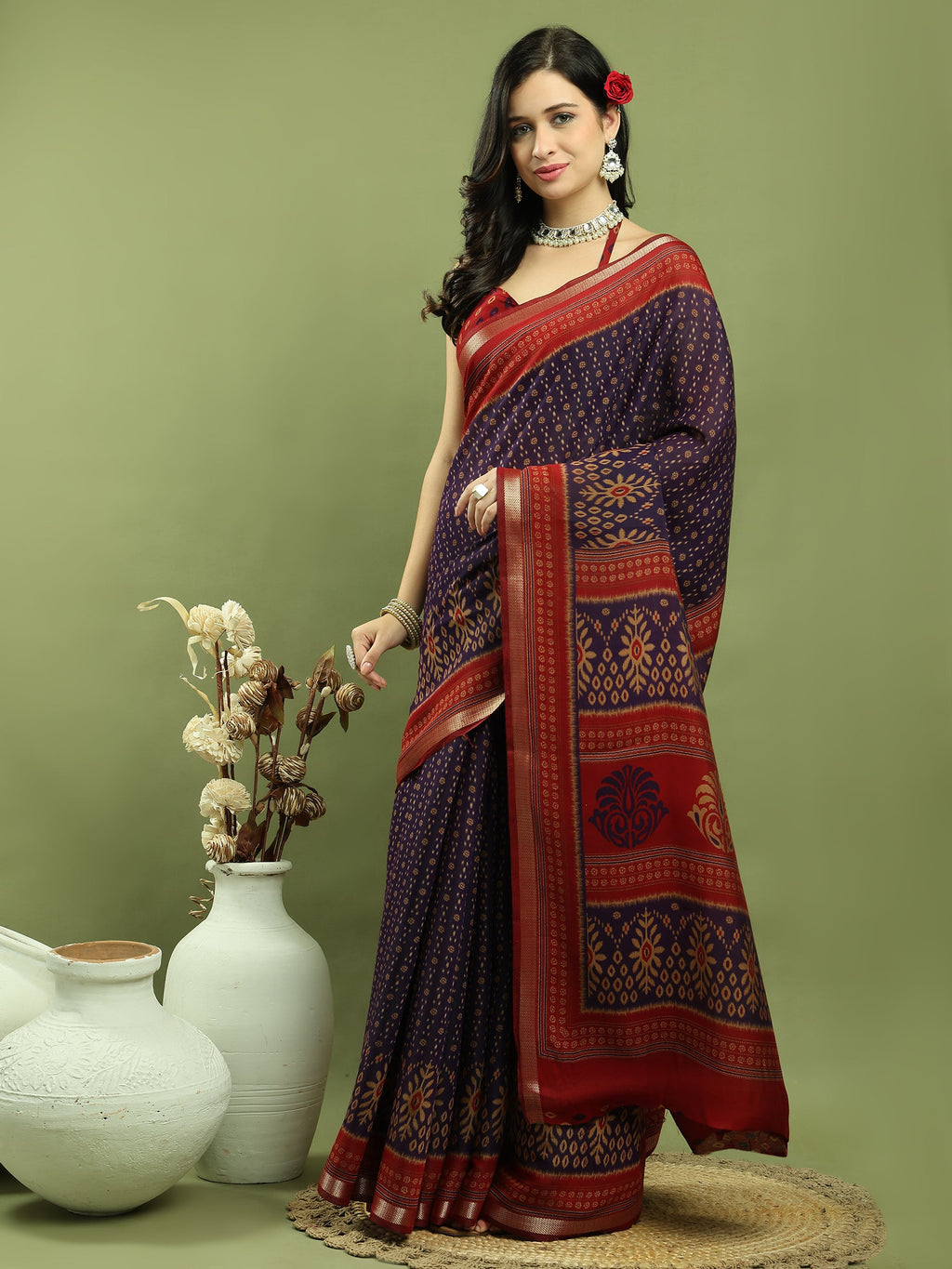 Jyoti Fashion Women's Violet Silk Blend Ikat Floral Print with Jari Border Saree with Blouse