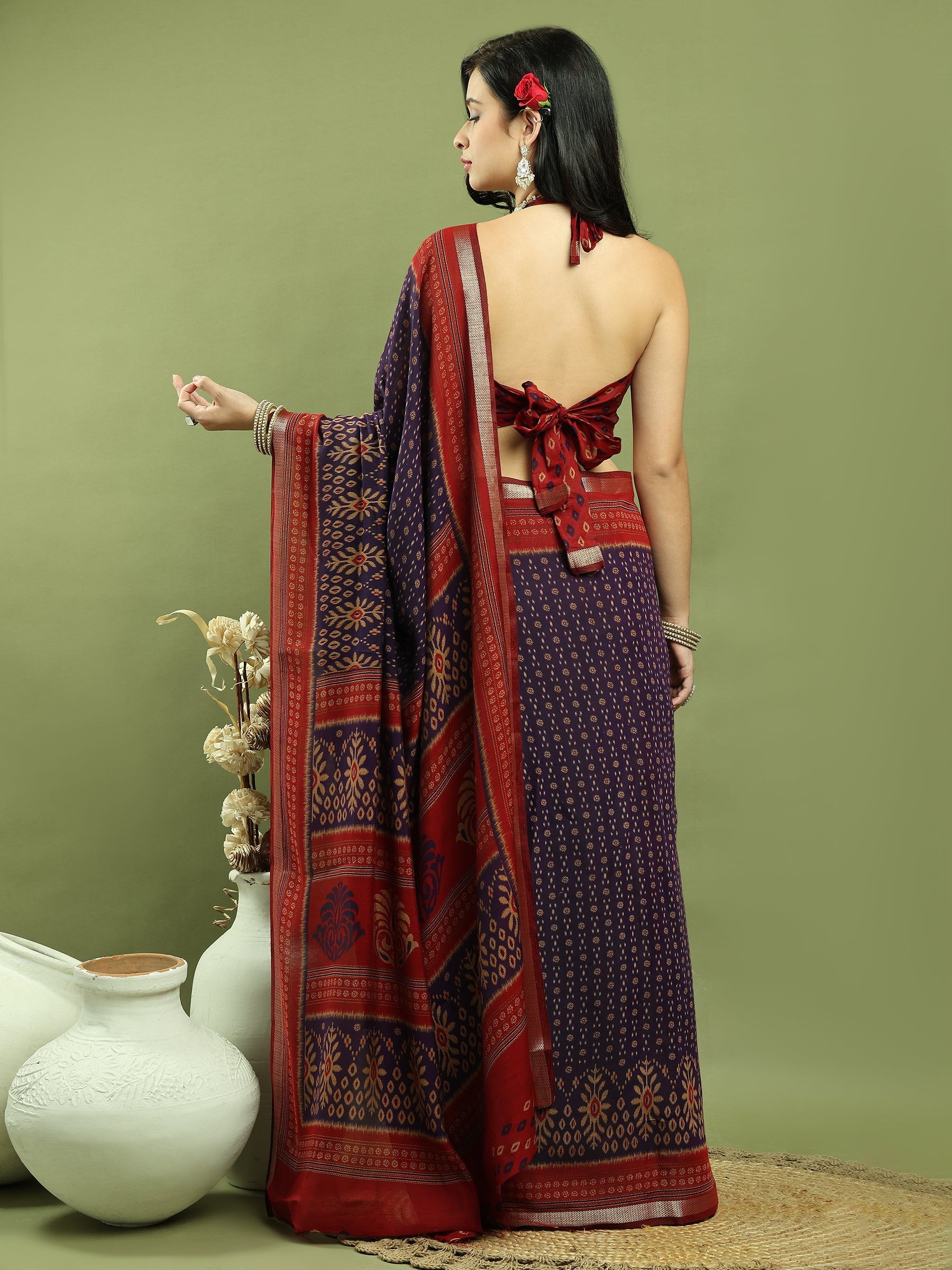 Jyoti Fashion Women's Violet Silk Blend Ikat Floral Print with Jari Border Saree with Blouse