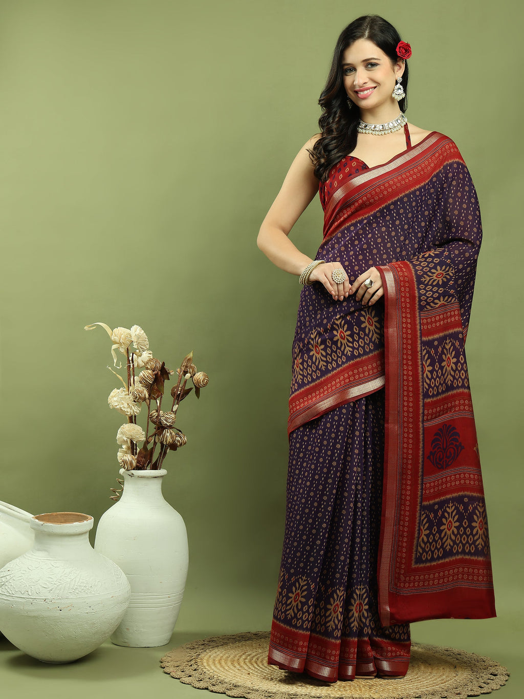 Jyoti Fashion Women's Violet Silk Blend Ikat Floral Print with Jari Border Saree with Blouse