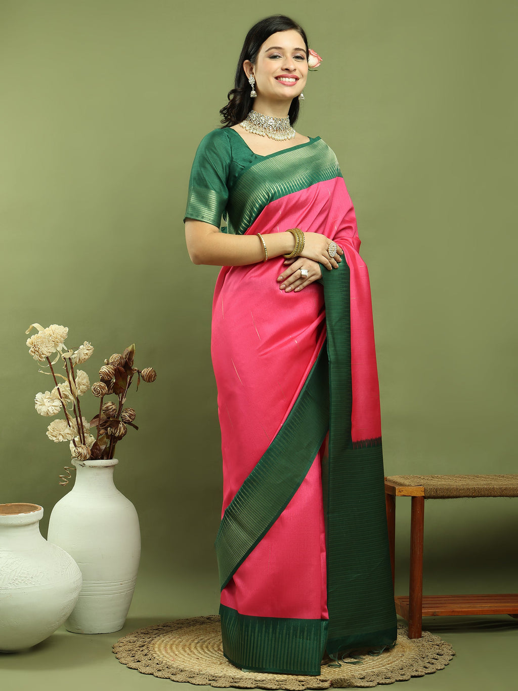 Jyoti Fashion Women's Pink Silk Blend Ikat Jari Weaving Pattern with Jari Border Saree with Blouse