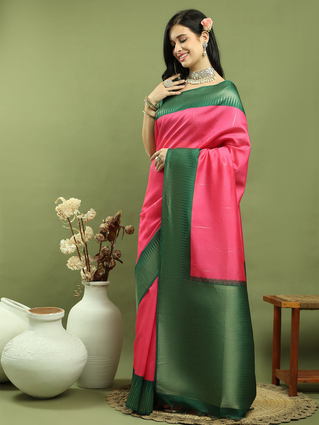 Jyoti Fashion Women's Pink Silk Blend Ikat Jari Weaving Pattern with Jari Border Saree with Blouse