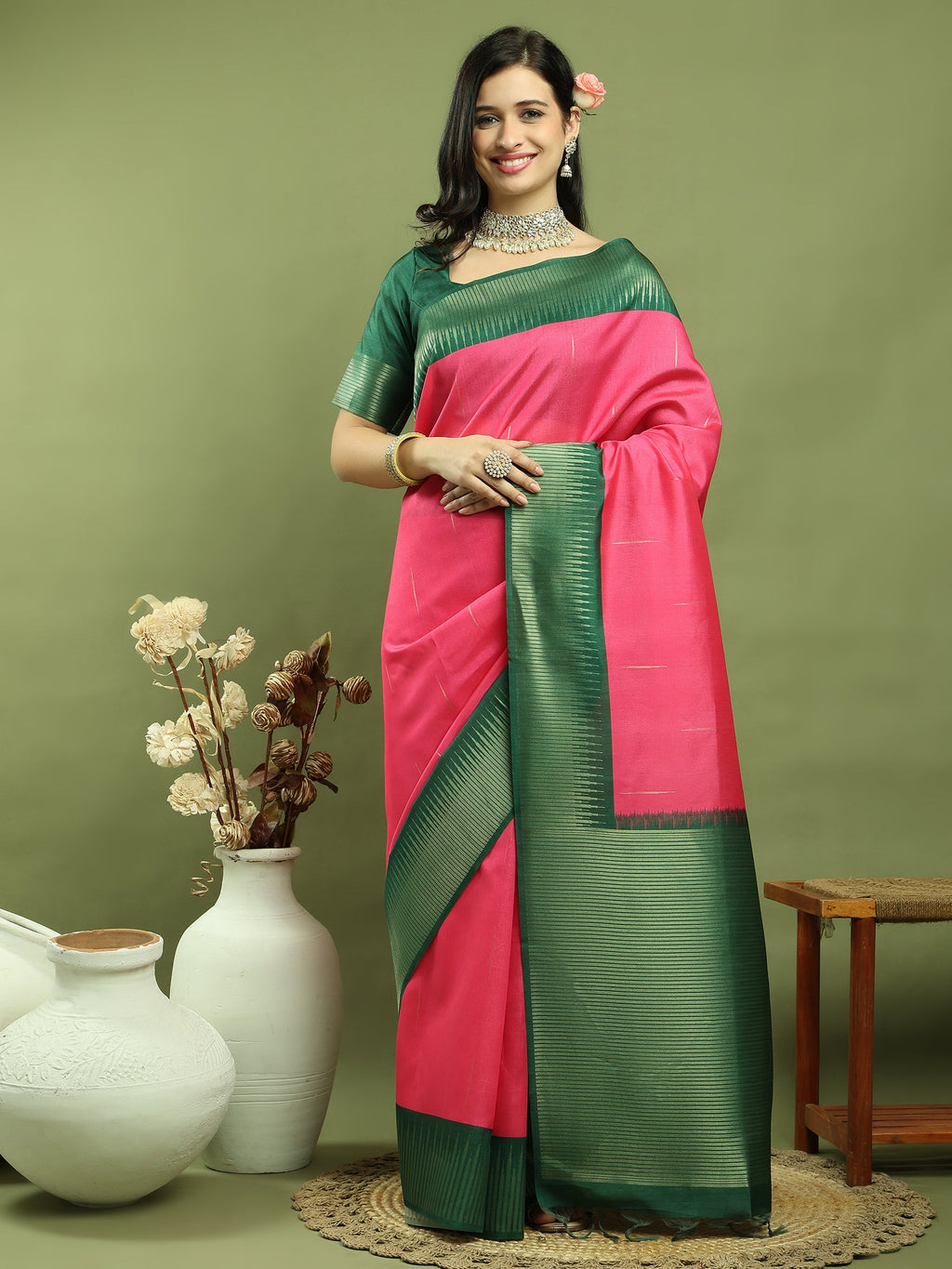 Jyoti Fashion Women's Pink Silk Blend Ikat Jari Weaving Pattern with Jari Border Saree with Blouse