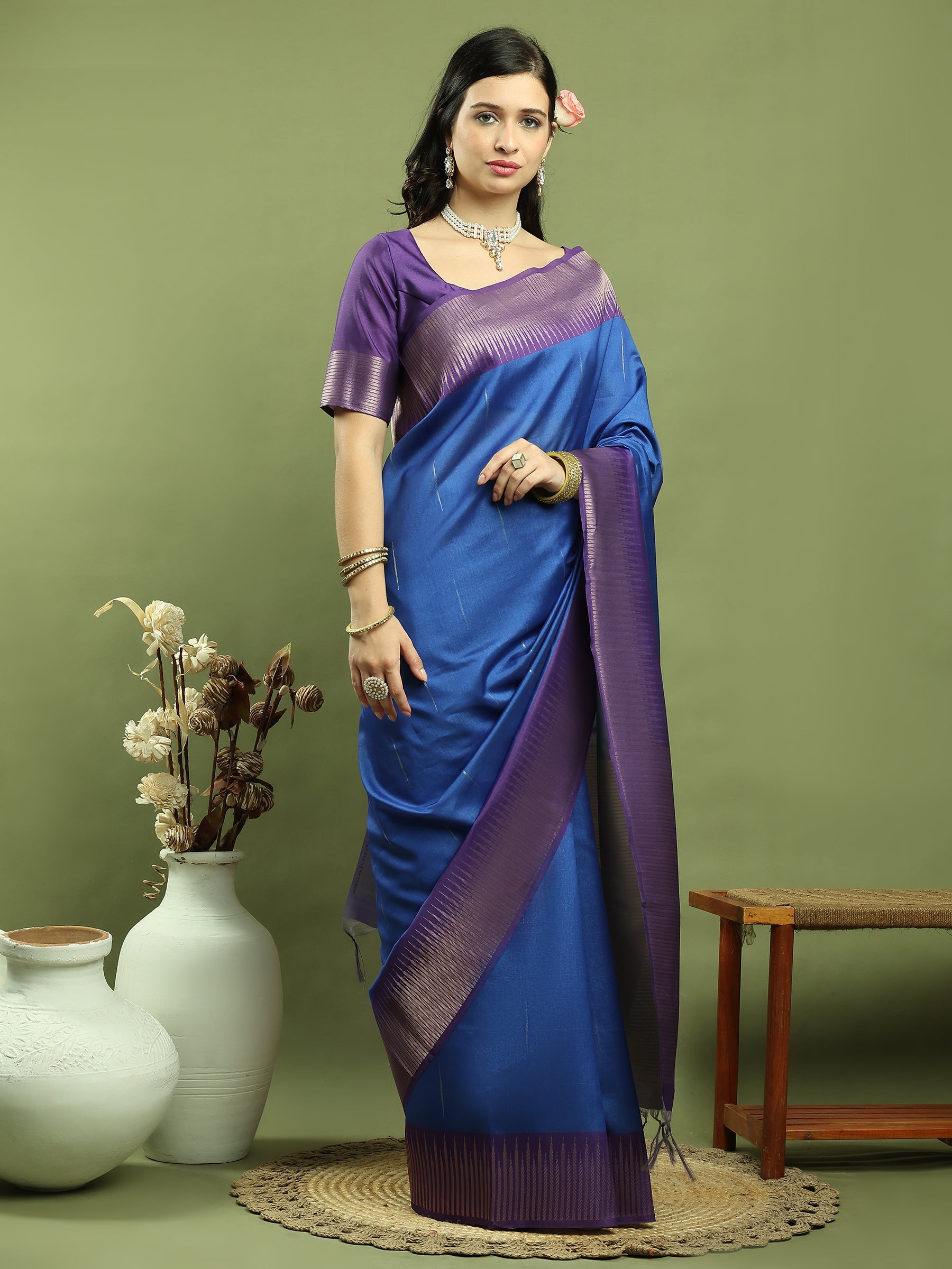 Jyoti Fashion Women's Blue Silk Blend Ikat Jari Weaving Pattern with Jari Border Saree with Blouse