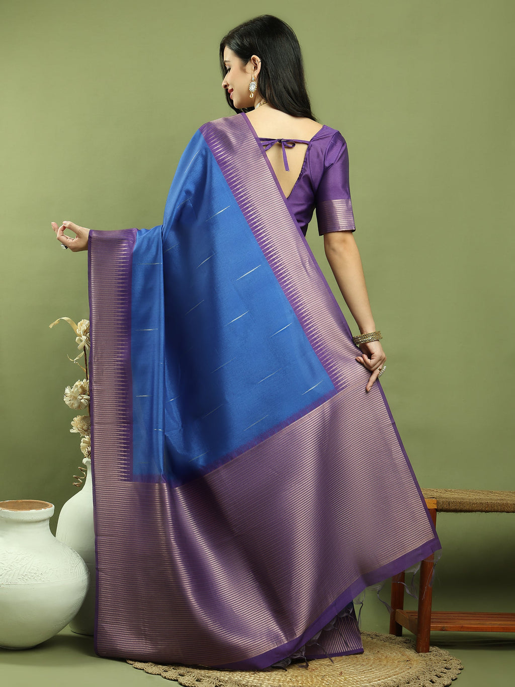 Jyoti Fashion Women's Blue Silk Blend Ikat Jari Weaving Pattern with Jari Border Saree with Blouse
