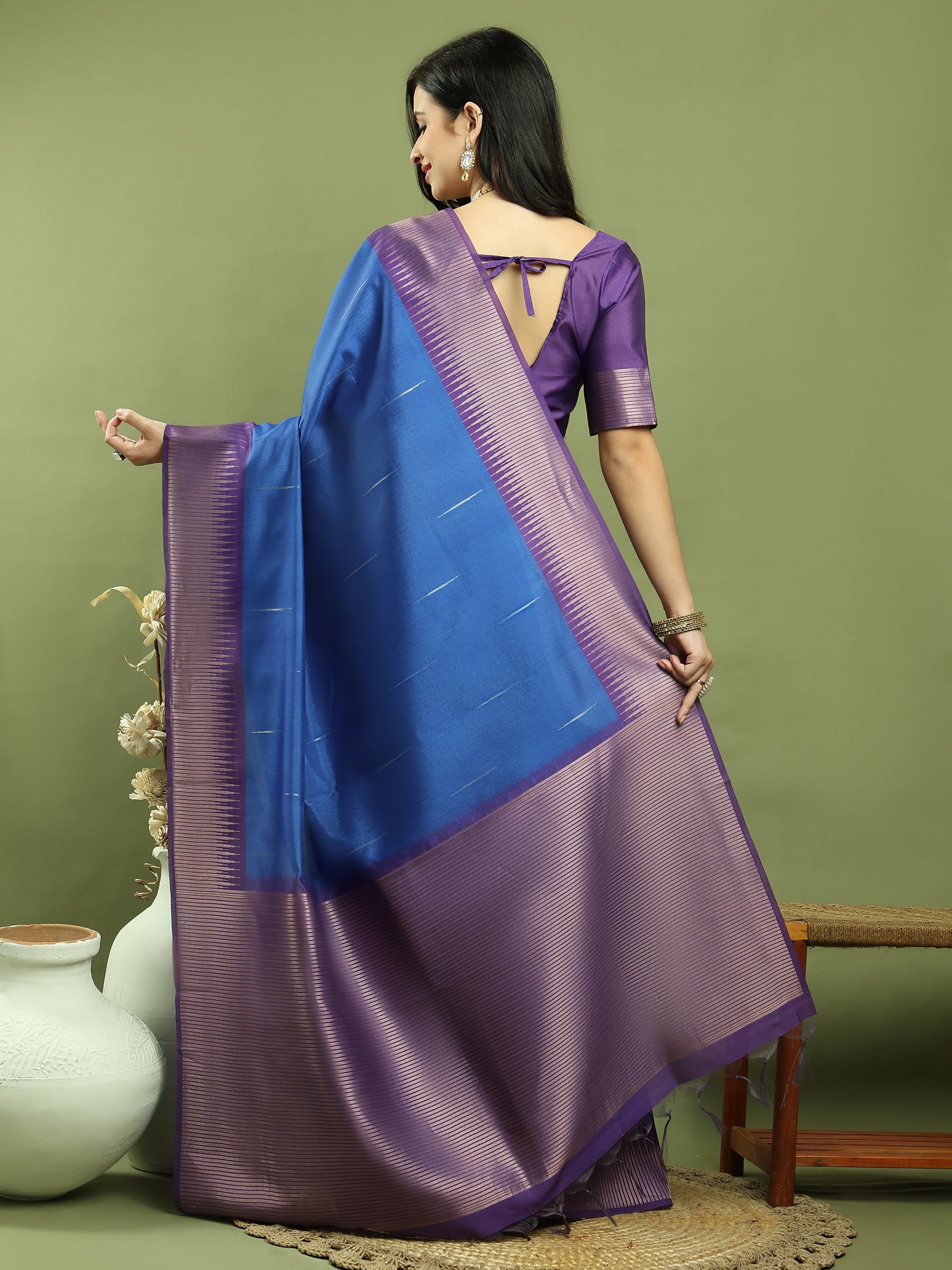 Jyoti Fashion Women's Blue Silk Blend Ikat Jari Weaving Pattern with Jari Border Saree with Blouse