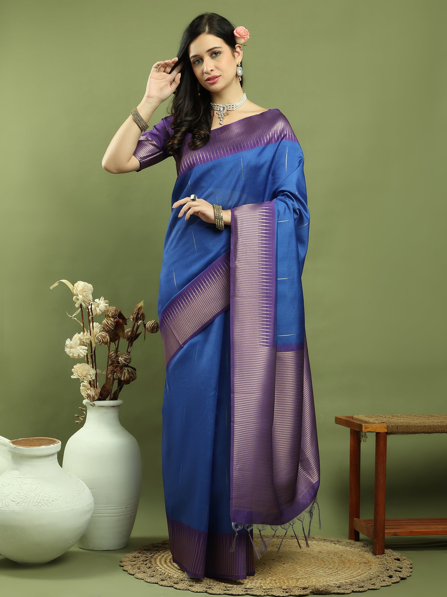 Jyoti Fashion Women's Blue Silk Blend Ikat Jari Weaving Pattern with Jari Border Saree with Blouse