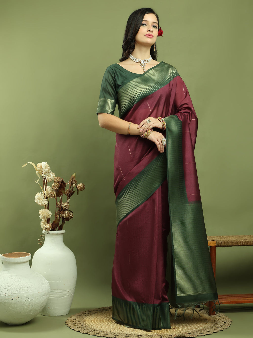 Jyoti Fashion Women's Burgundy Silk Blend Ikat Jari Weaving Pattern with Jari Border Saree with Blouse