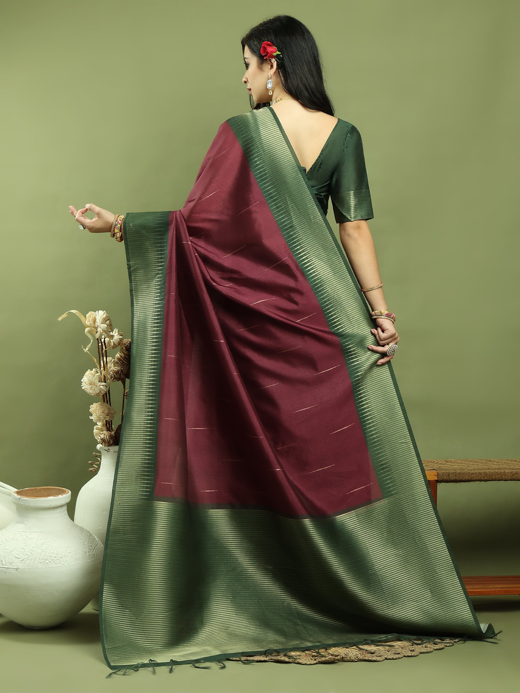 Jyoti Fashion Women's Burgundy Silk Blend Ikat Jari Weaving Pattern with Jari Border Saree with Blouse