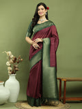 Jyoti Fashion Women's Burgundy Silk Blend Ikat Jari Weaving Pattern with Jari Border Saree with Blouse