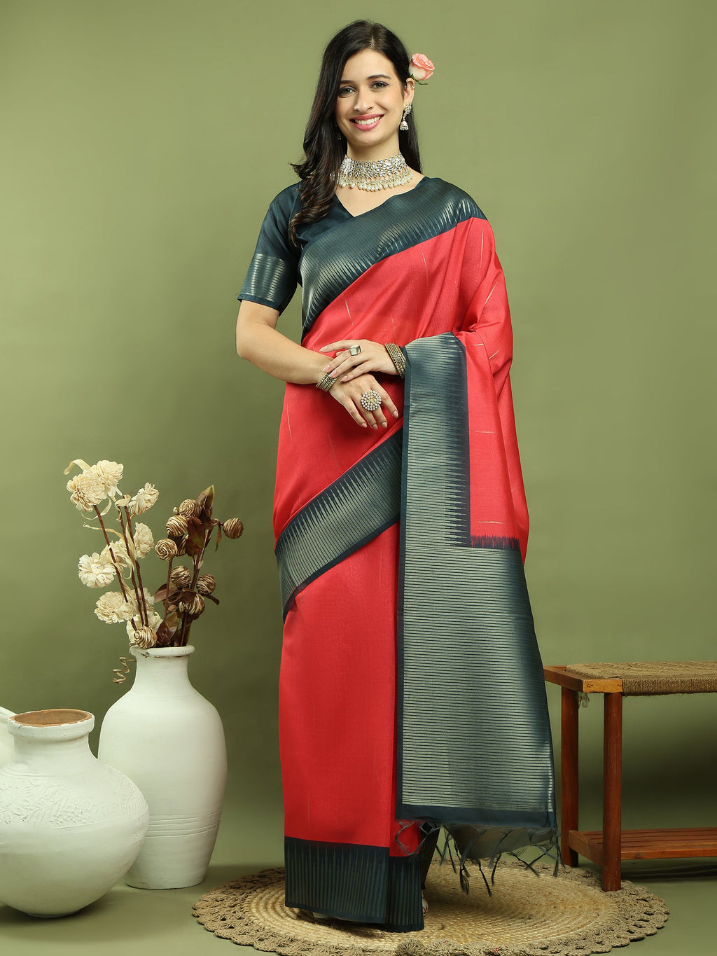 Jyoti Fashion Women's Red Silk Blend Ikat Jari Weaving Pattern with Jari Border Saree with Blouse