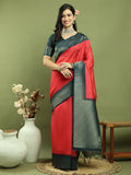 Jyoti Fashion Women's Red Silk Blend Ikat Jari Weaving Pattern with Jari Border Saree with Blouse