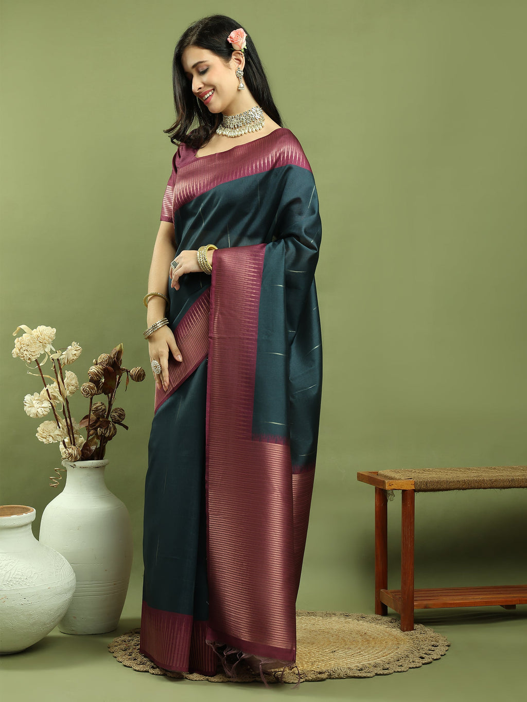 Jyoti Fashion Women's Teal Silk Blend Ikat Jari Weaving Pattern with Jari Border Saree with Blouse