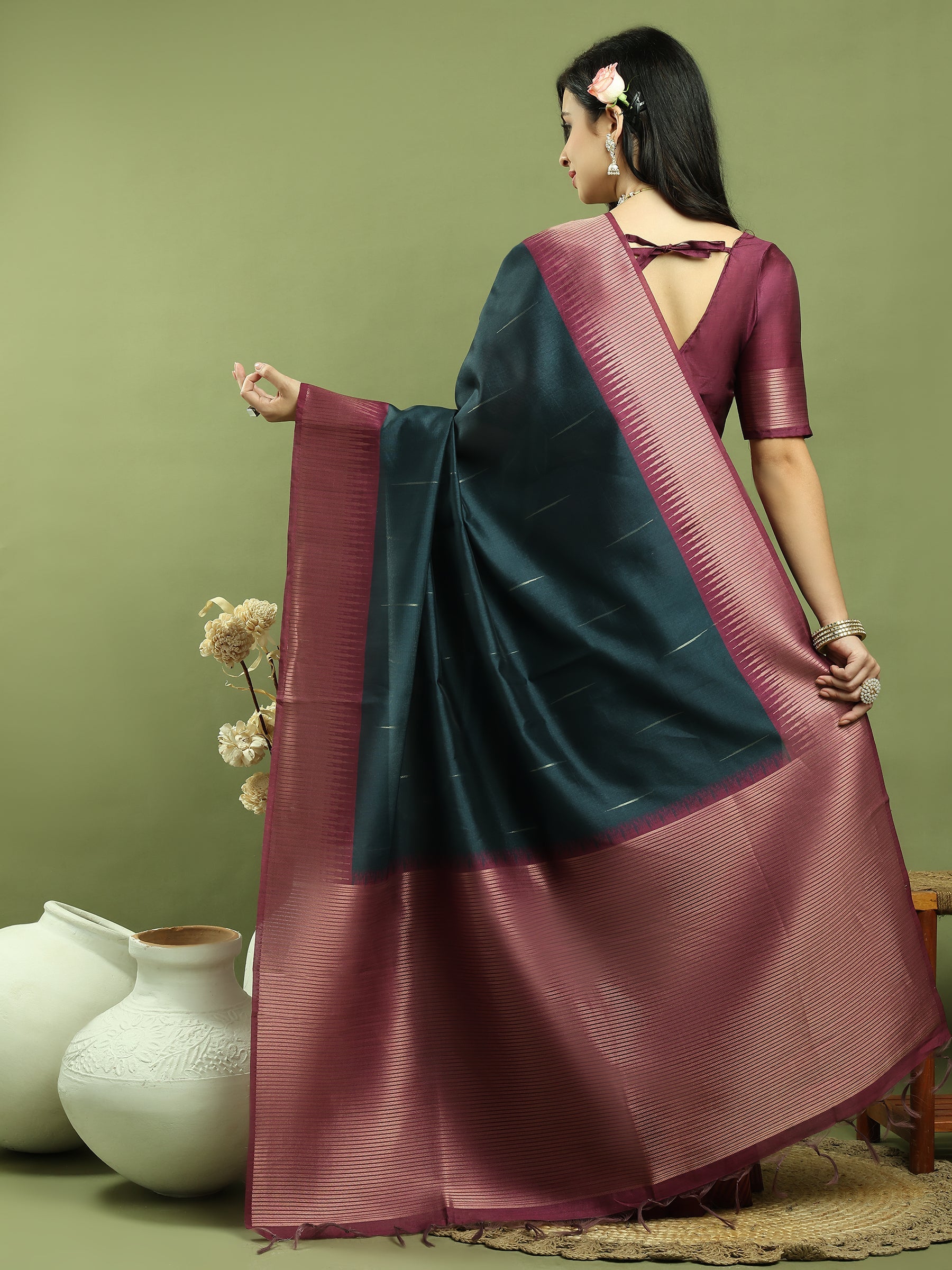 Jyoti Fashion Women's Teal Silk Blend Ikat Jari Weaving Pattern with Jari Border Saree with Blouse