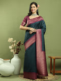 Jyoti Fashion Women's Teal Silk Blend Ikat Jari Weaving Pattern with Jari Border Saree with Blouse