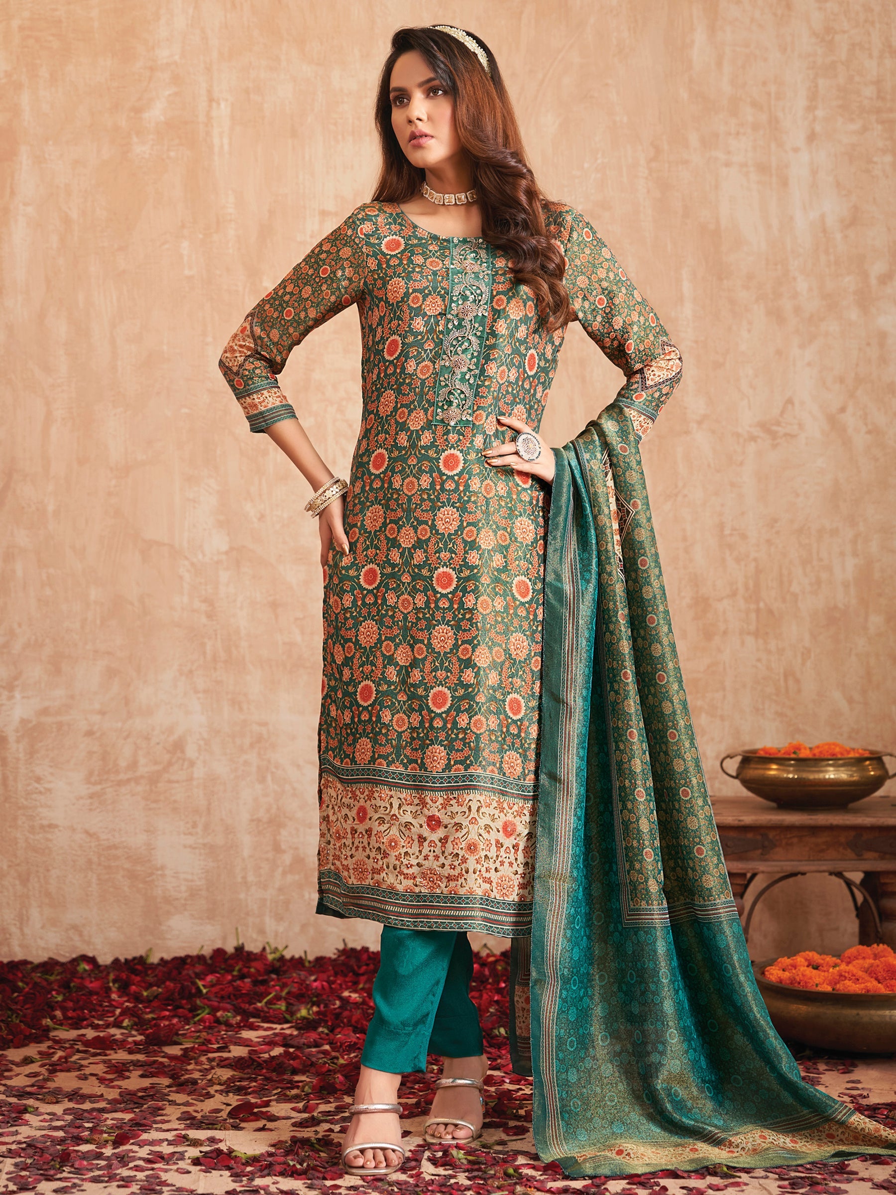 Jyoti Fashion Women's Green Pure Tissue Shimmer Floral Digital Print With Zardoshi Hand Work Salwar Suit Set