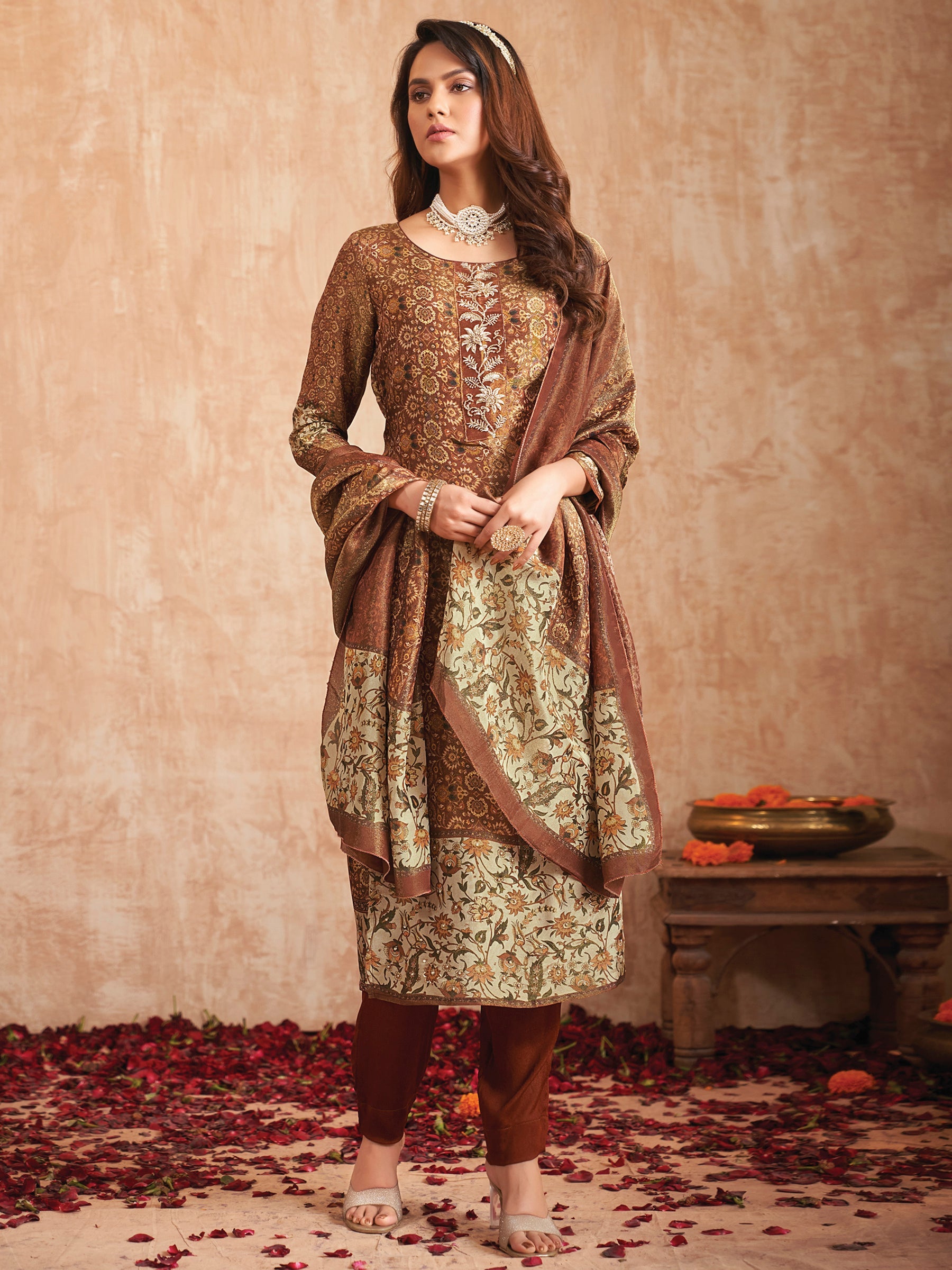 Jyoti Fashion Women's Brown Pure Tissue Shimmer Floral Digital Print With Zardoshi Hand Work Salwar Suit Set